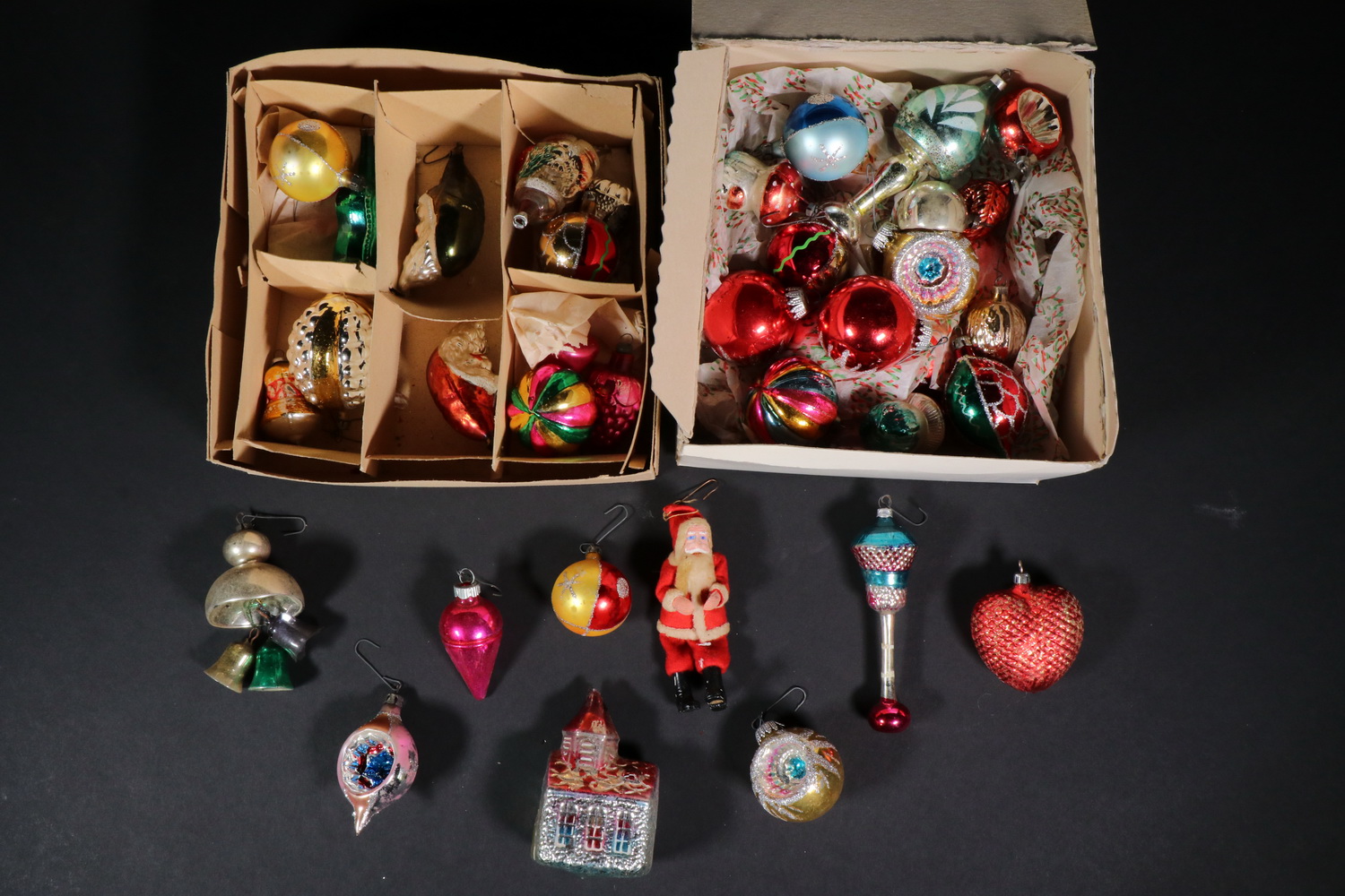 BOX OF GLASS HOLIDAY ORNAMENTS