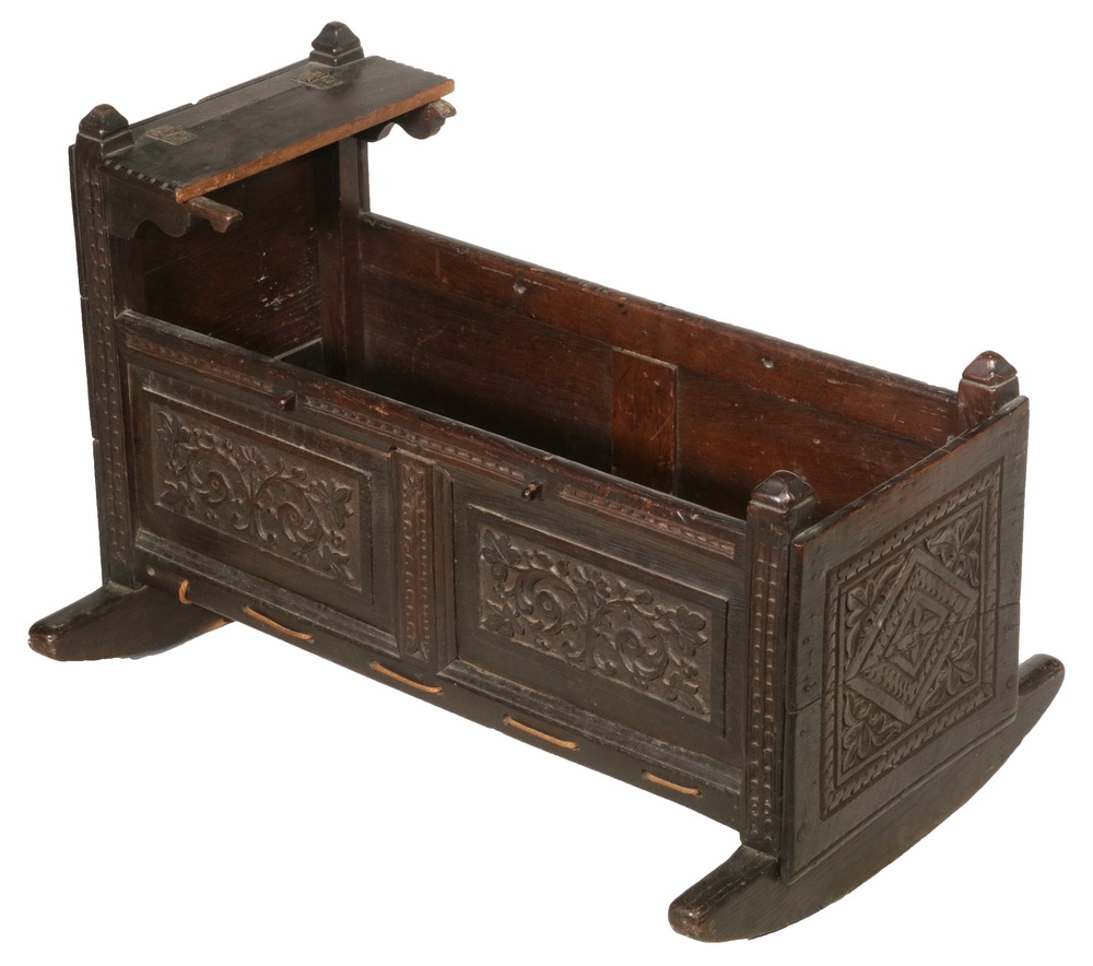 ELIZABETHEAN CARVED OAK CRADLE 2b3ce3