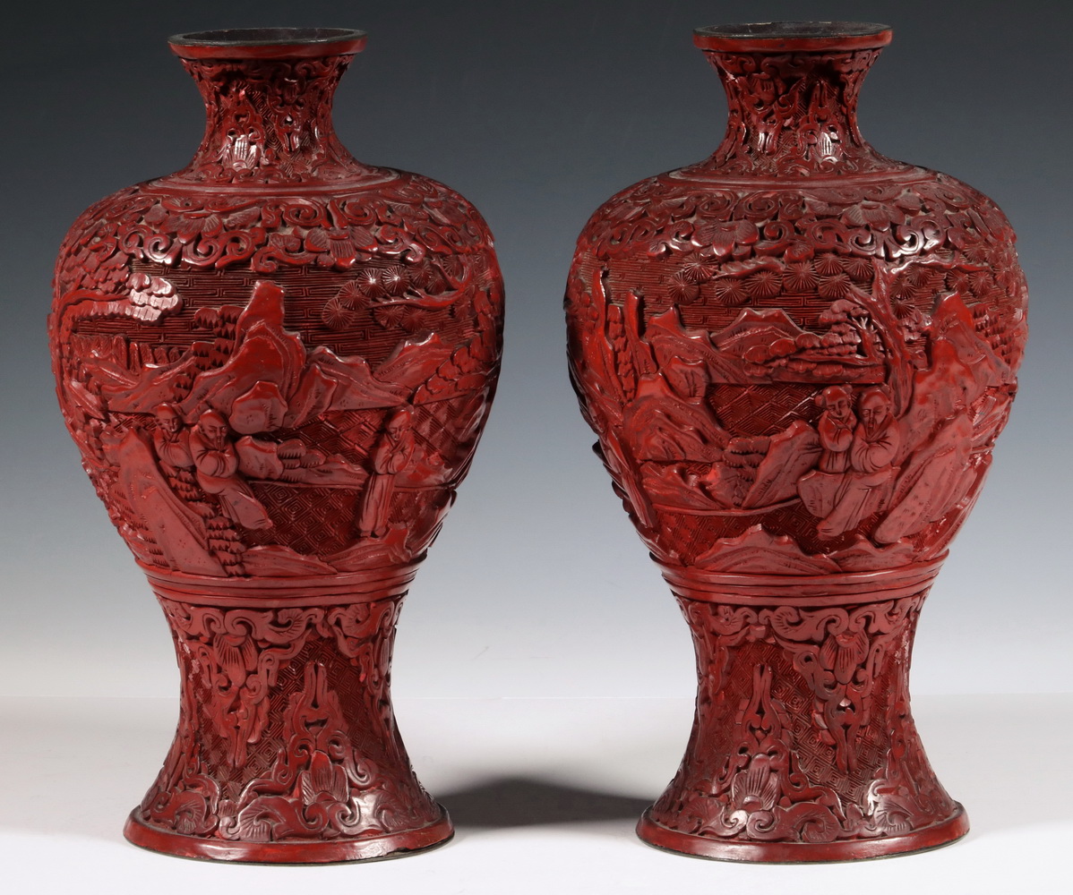 PR CHINESE CINNABAR VASES Pair 2b3de4