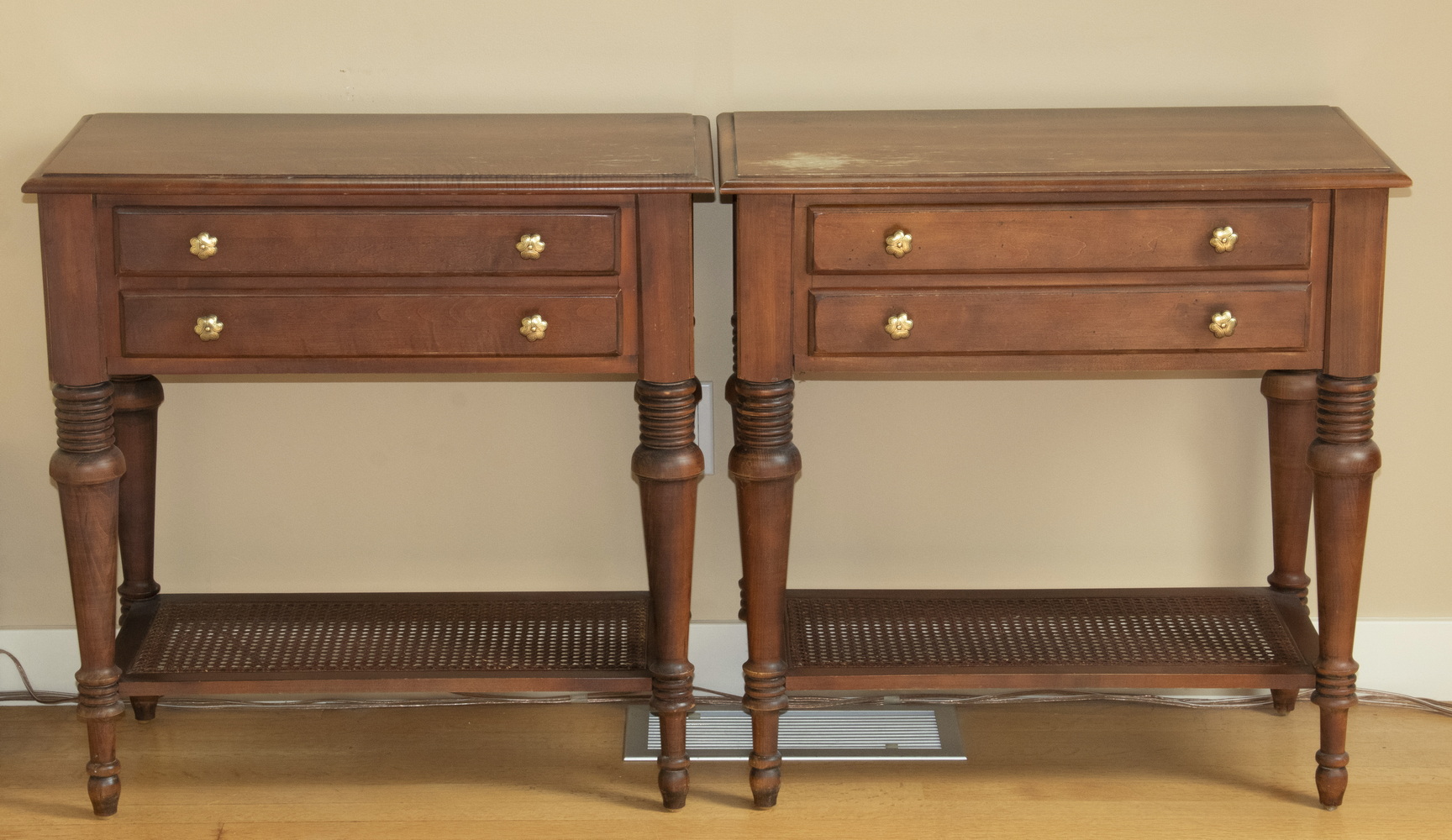 PAIR OF SIDE TABLES WITH CANED