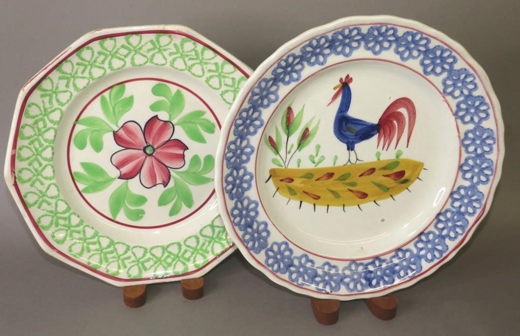 2 IRONSTONE PLATES WITH STICK SPATTER