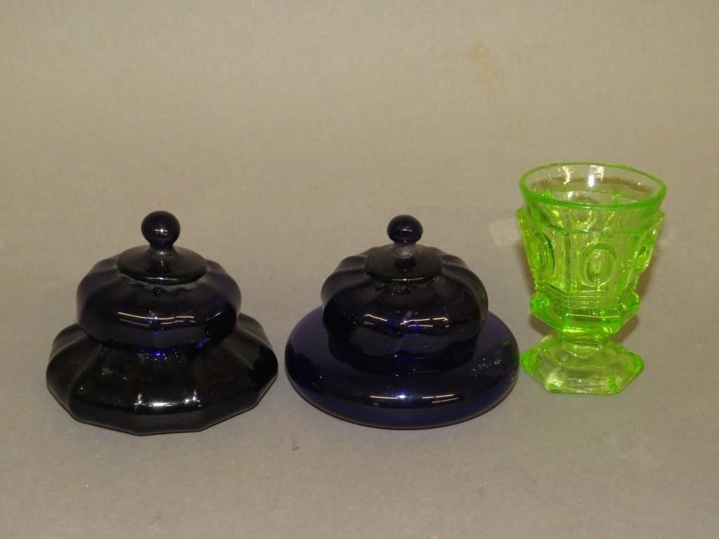 2 BLOWN COVERED COBALT GLASS JARS 2b71c7