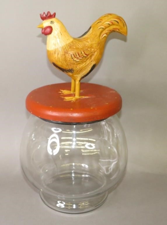 FOLK ART CARVED ROOSTER TOP JAR BY WALTER