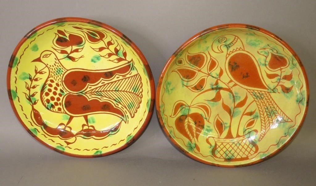 2 FOLK ART SGRAFFITO REDWARE BOWLS BY