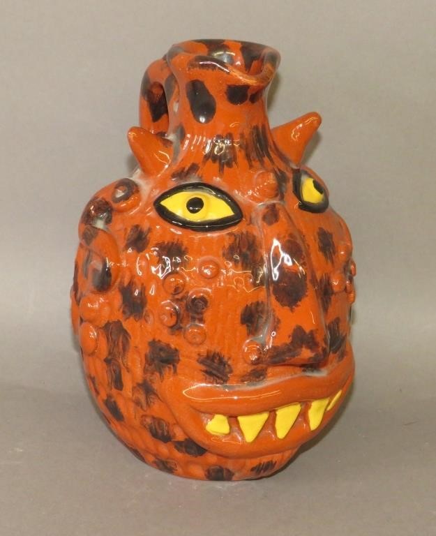 FOLK ART REDWARE FACE JUG BY JAMES