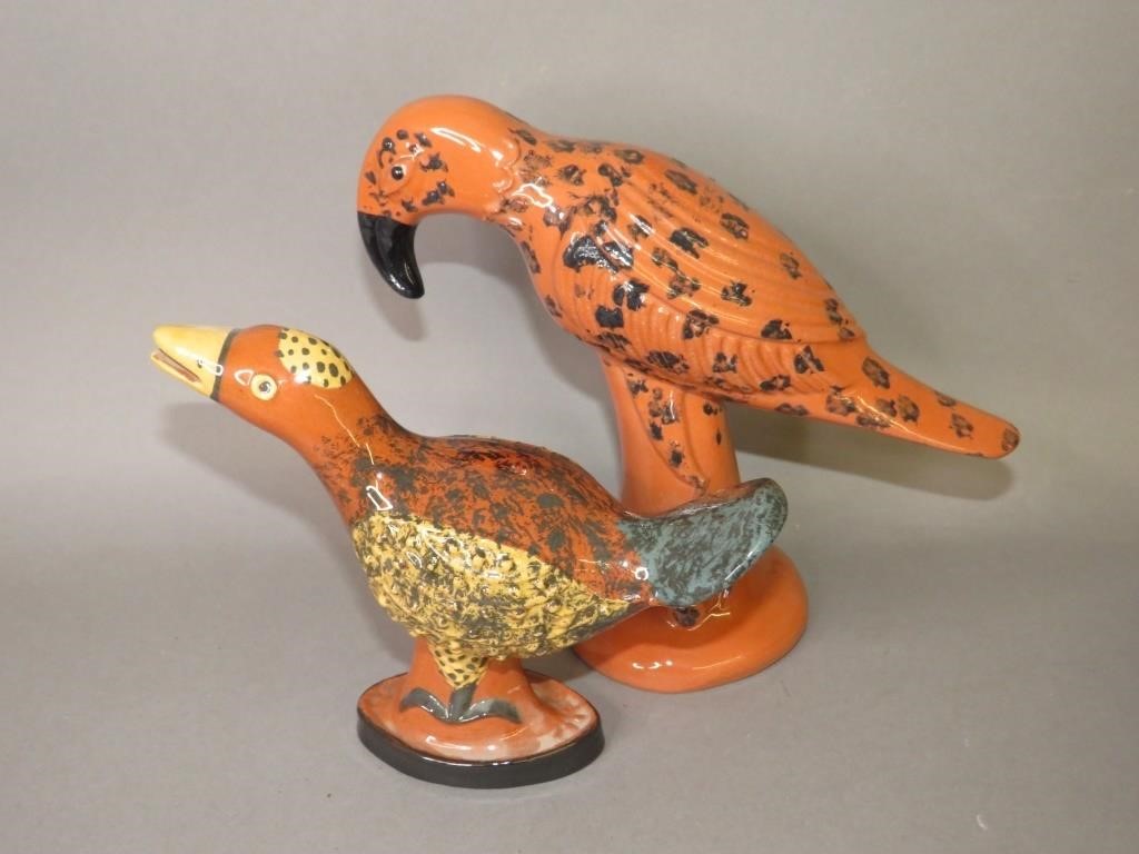 2 WHIMSICAL FOLK ART REDWARE BIRDS