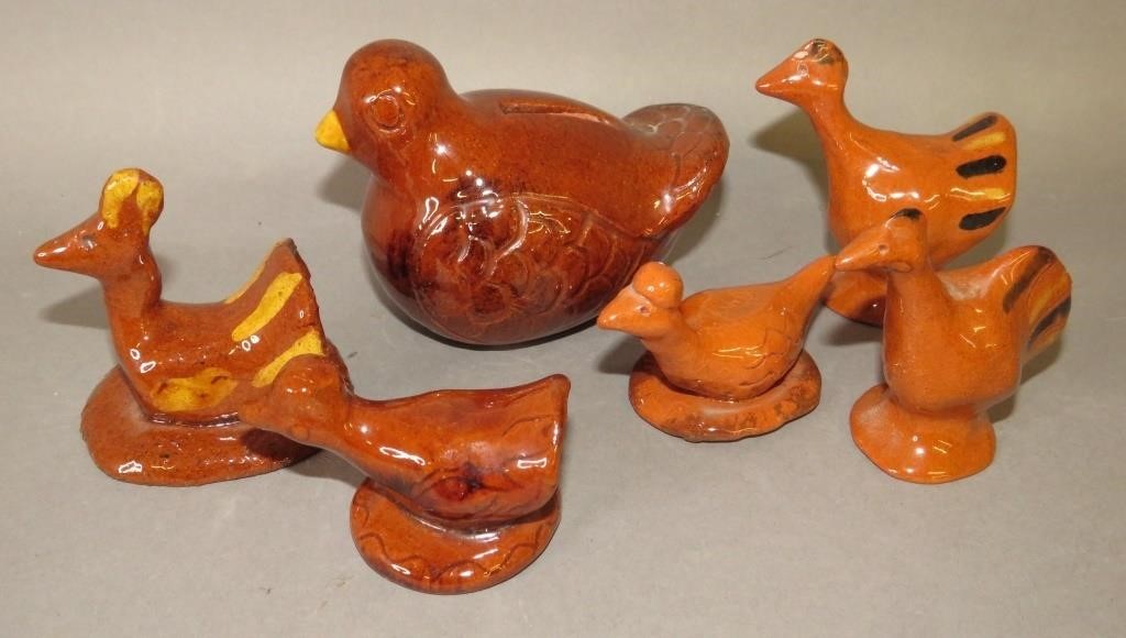 6 FOLK ART REDWARE BIRD FIGURES