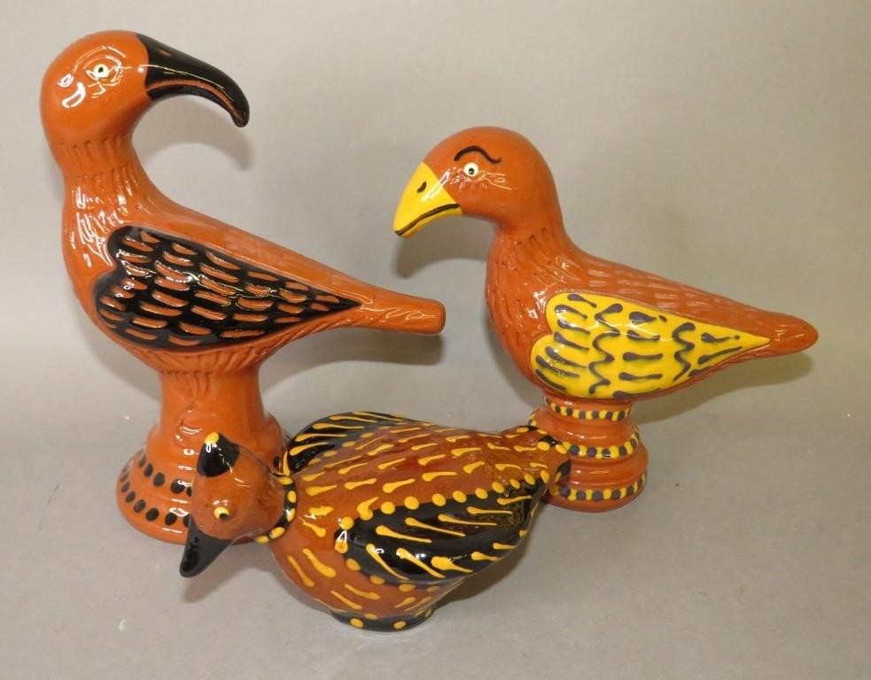 3 WHIMSICAL FOLK ART REDWARE BIRDS BY