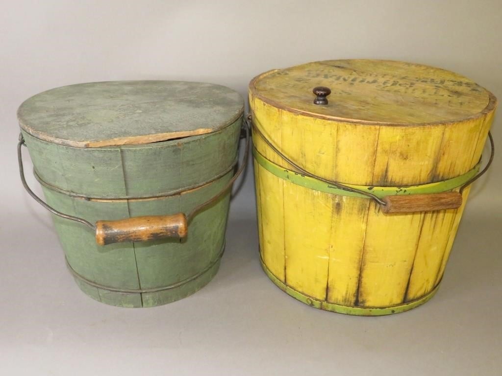 2 PAINTED WOODEN WIRE HANDLE LIDDED