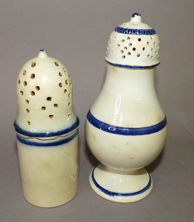 2 BLUE EDGED PEARLWARE PEPPER POTSca.