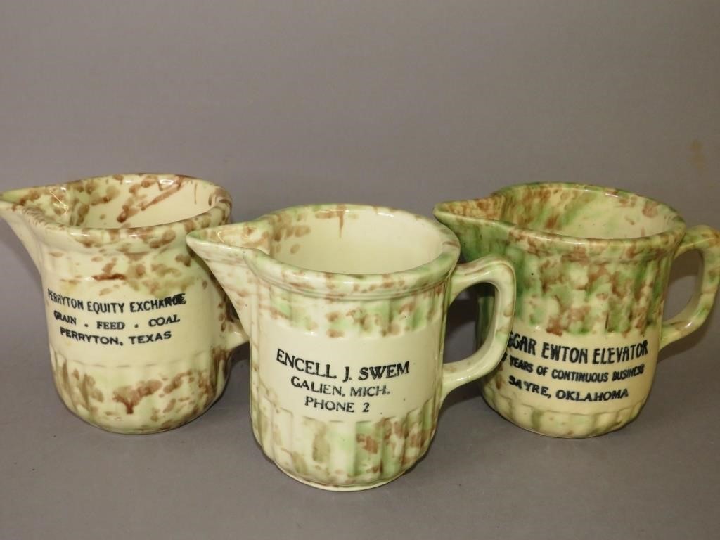 3 SPONGED STONEWARE ADVERTISING CREAMERSca.