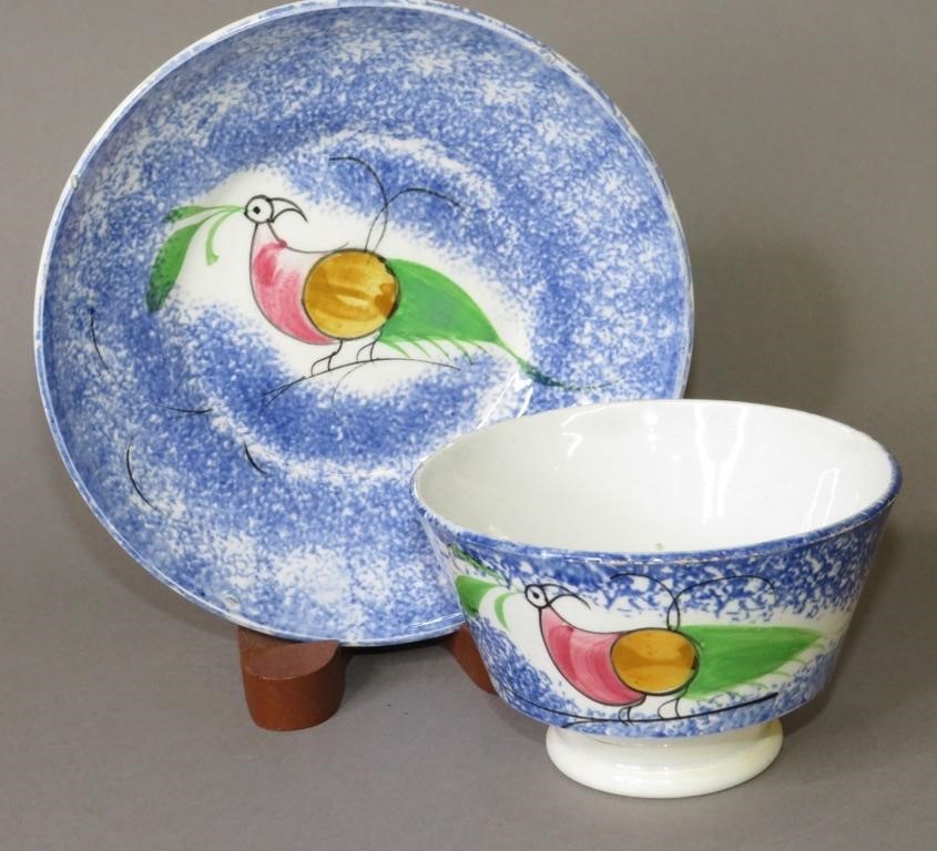 BLUE SPATTER CUP SAUCER PEAFOWL 2b74c6