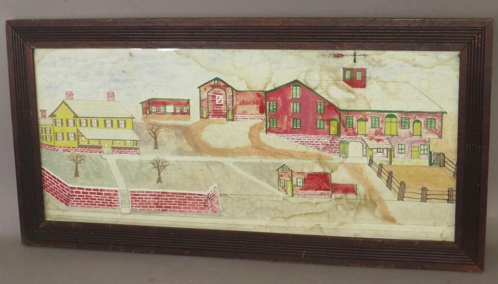 FOLK ART WATERCOLOR PAINTING OF FARMSTEAD