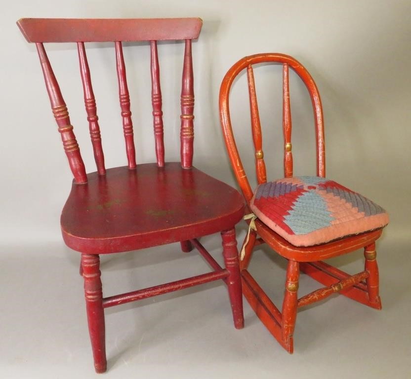 RED PAINTED CHILD'S CHAIR AND SMALL