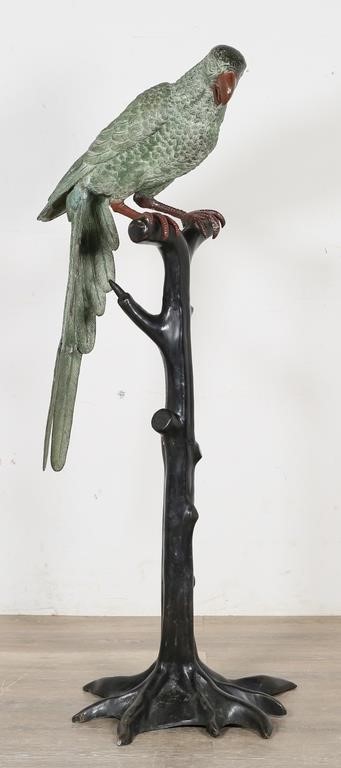 LARGE PATINATED BRONZE PARROT ON