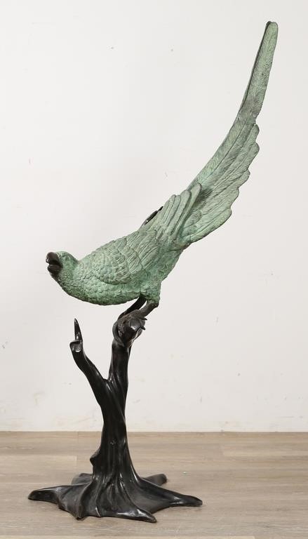 LARGE PATINATED BRONZE PARROT ON