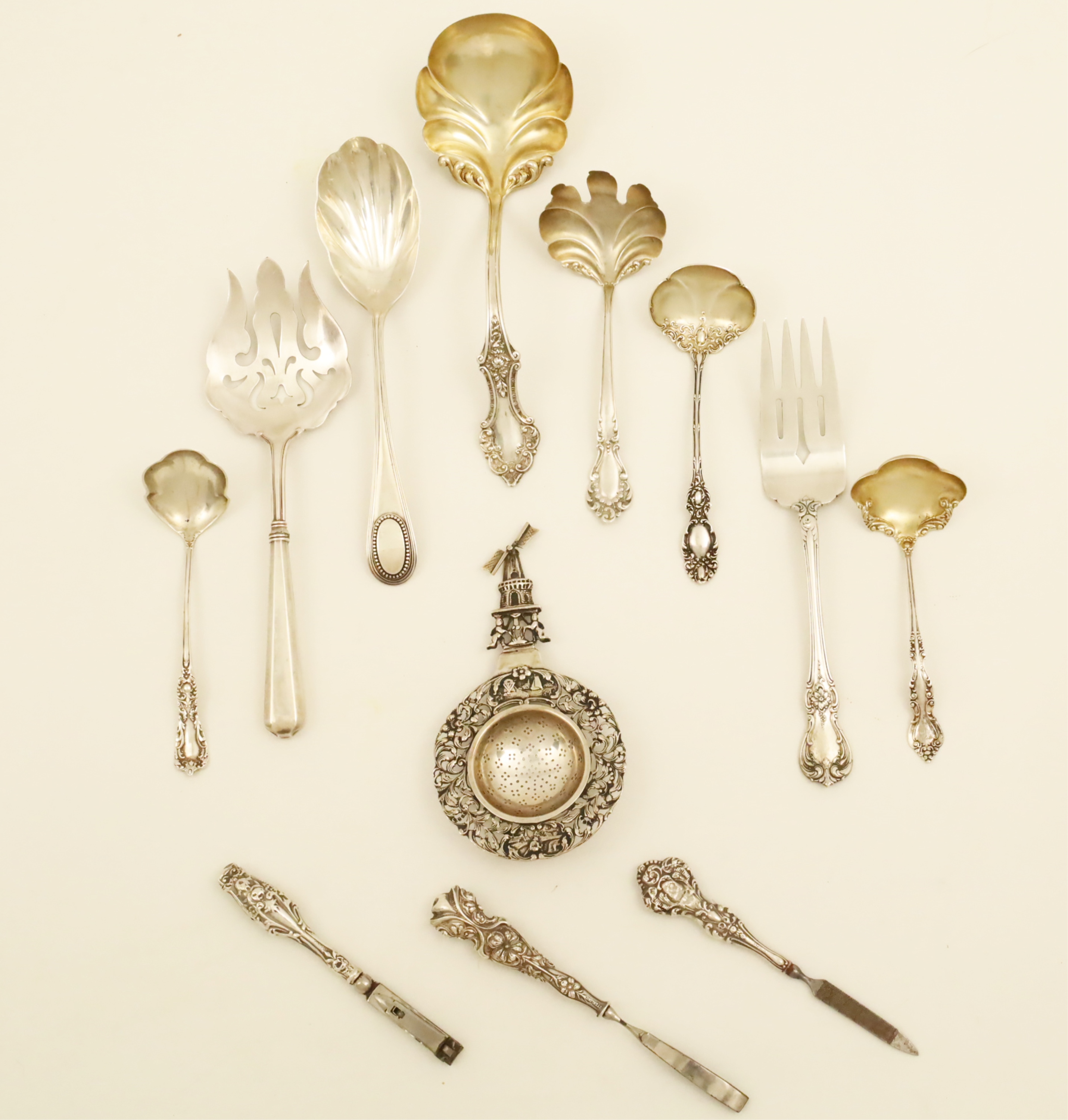 12 STERLING SILVER SERVING PIECES;