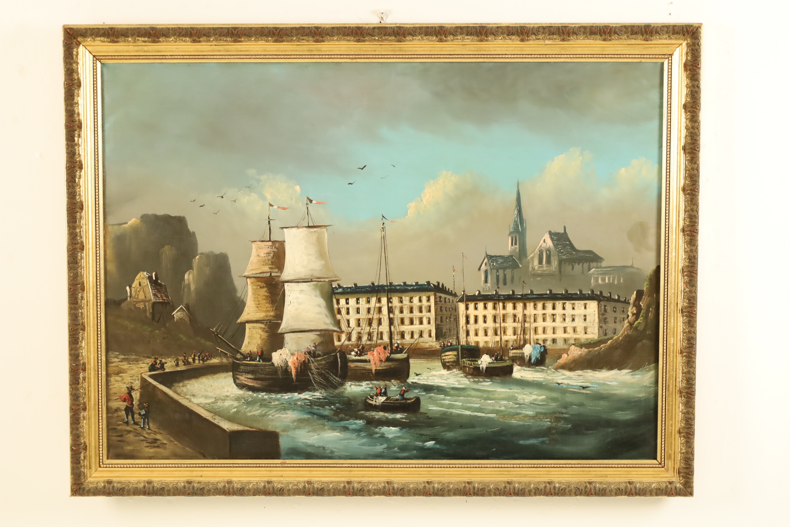 FRENCH OIL ON CANVAS HARBOR SCENE