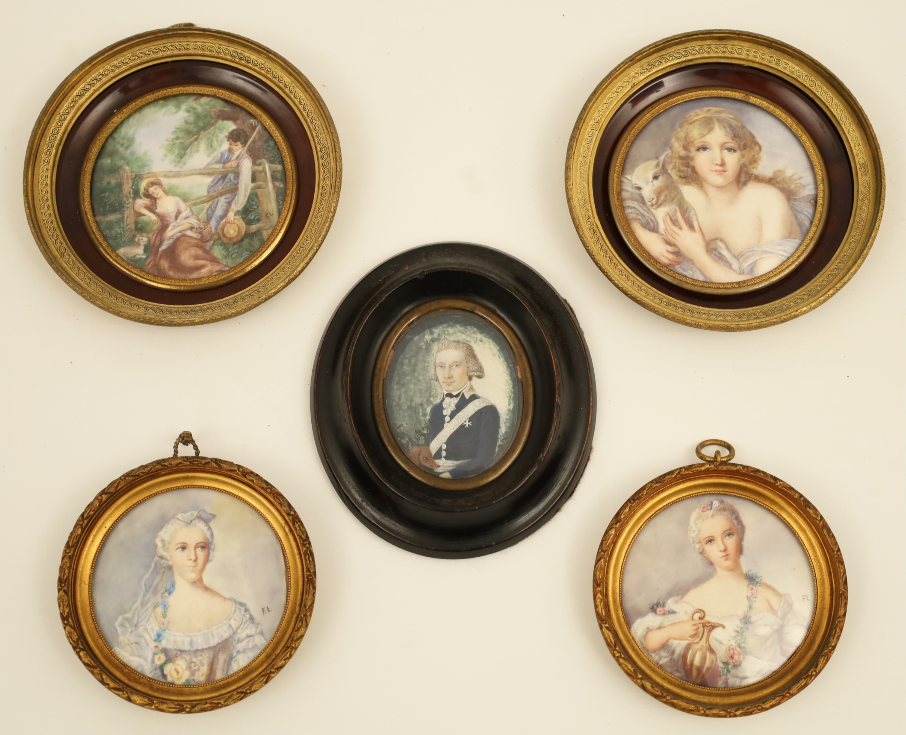 5 FRAMED FRENCH HAND COLORED MINIATURES