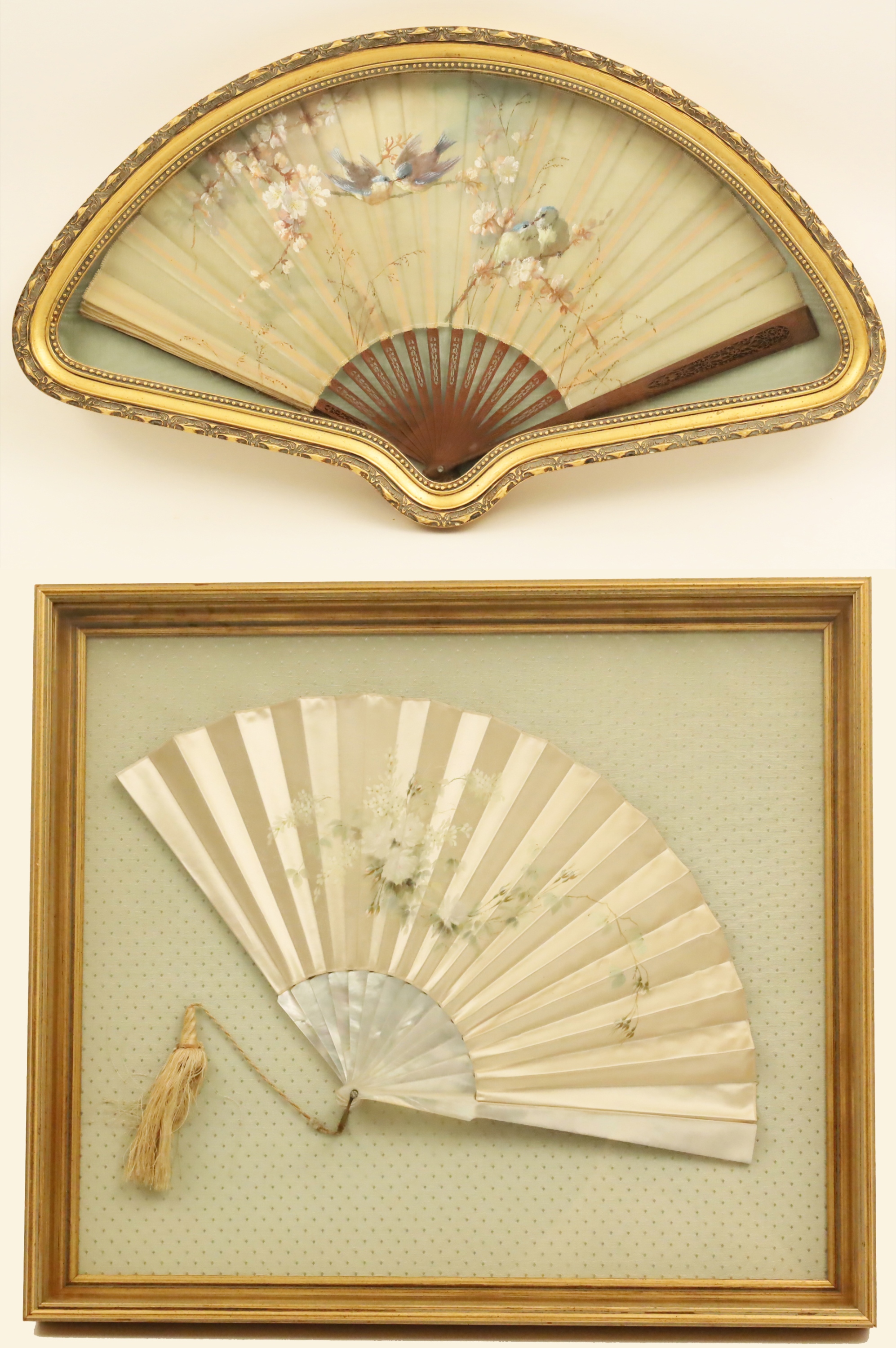 TWO HANDPAINTED FANS IN SHADOW 2b7ba7