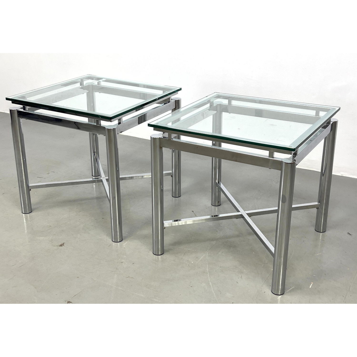 Pair chrome and Glass Side Tables  2b8cbb