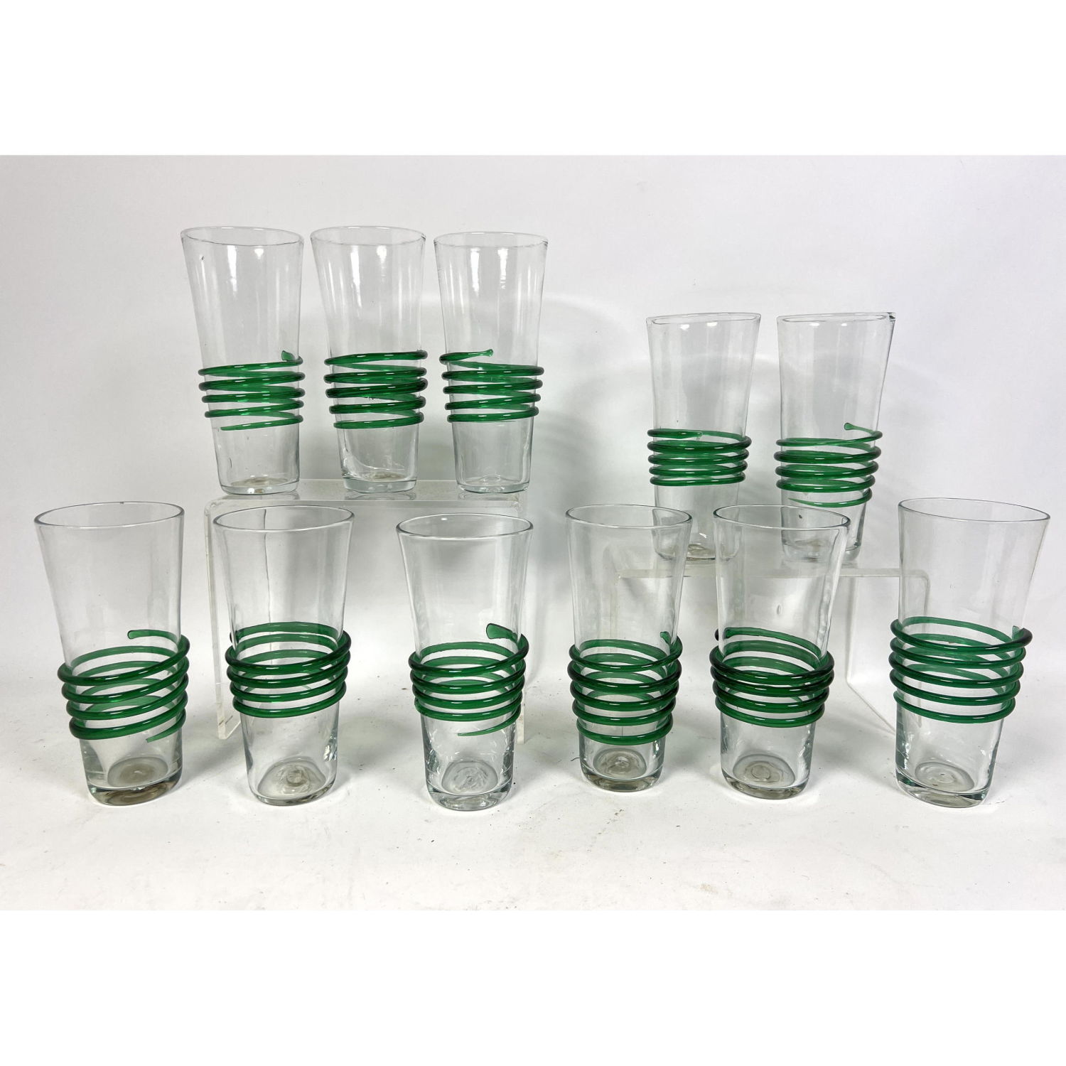 11pc Blenko Art Glass green spiral