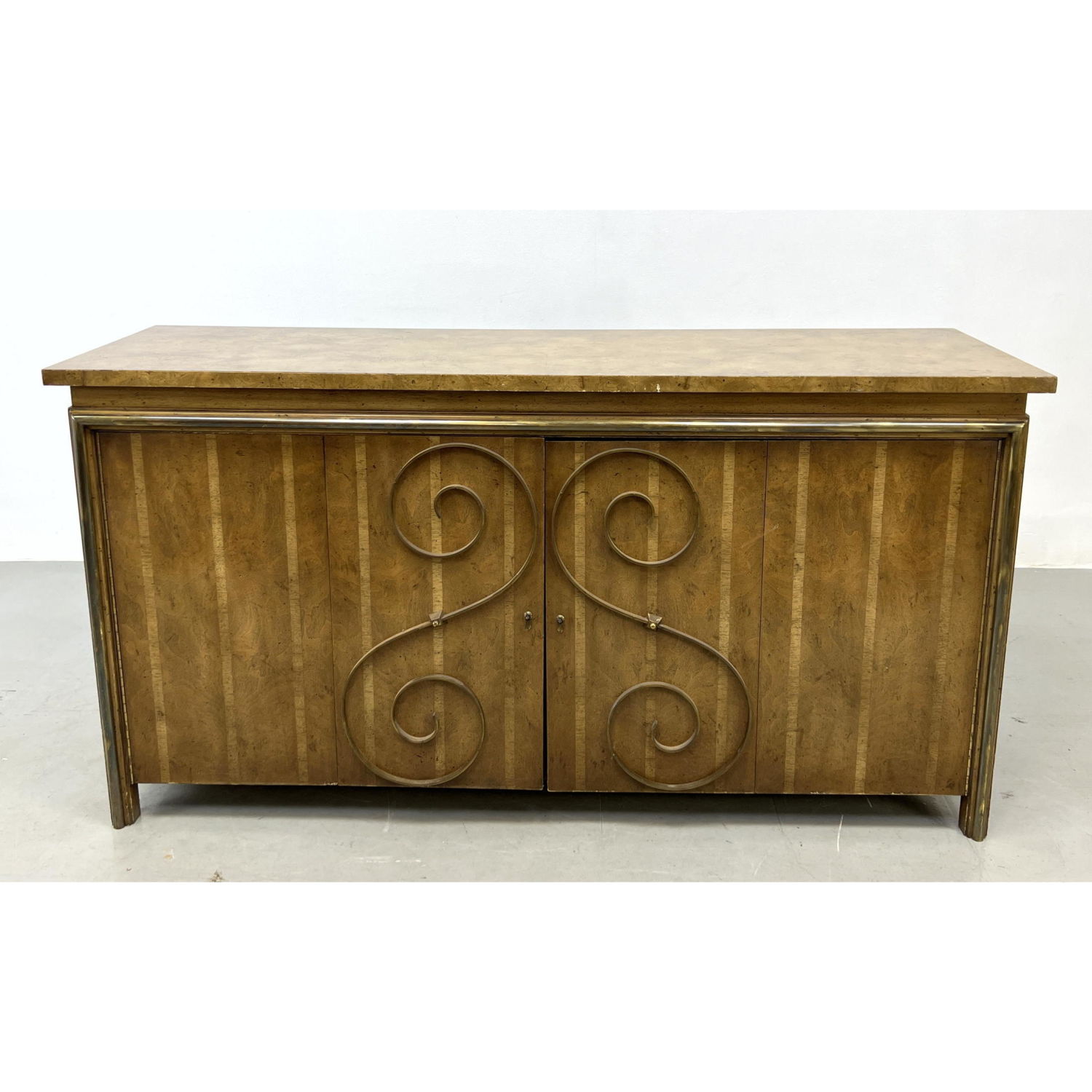 Burl Wood Top Credenza Brass Scroll 2b8e24