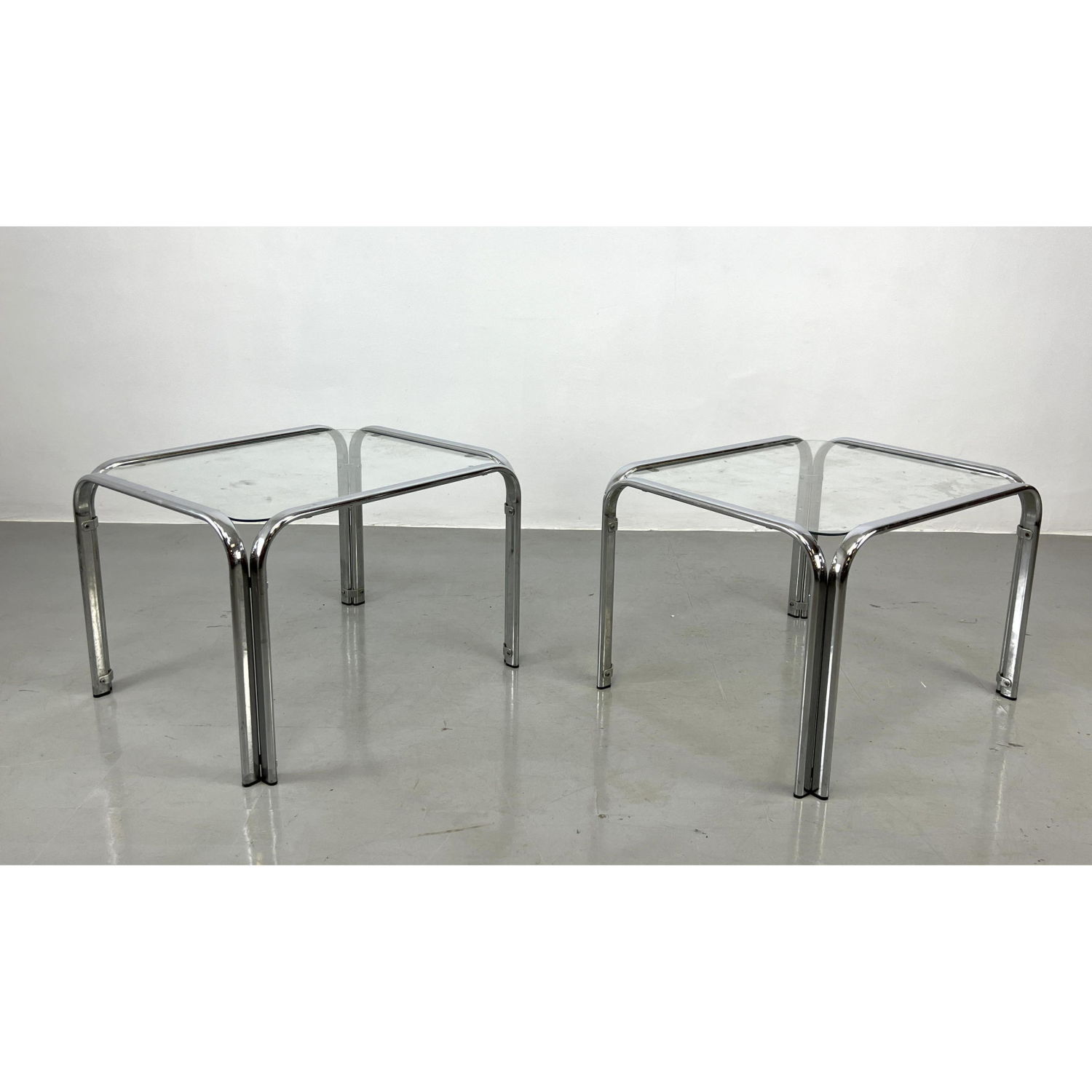 Pr Chrome Tube Glass Top Side Tables  2b9062