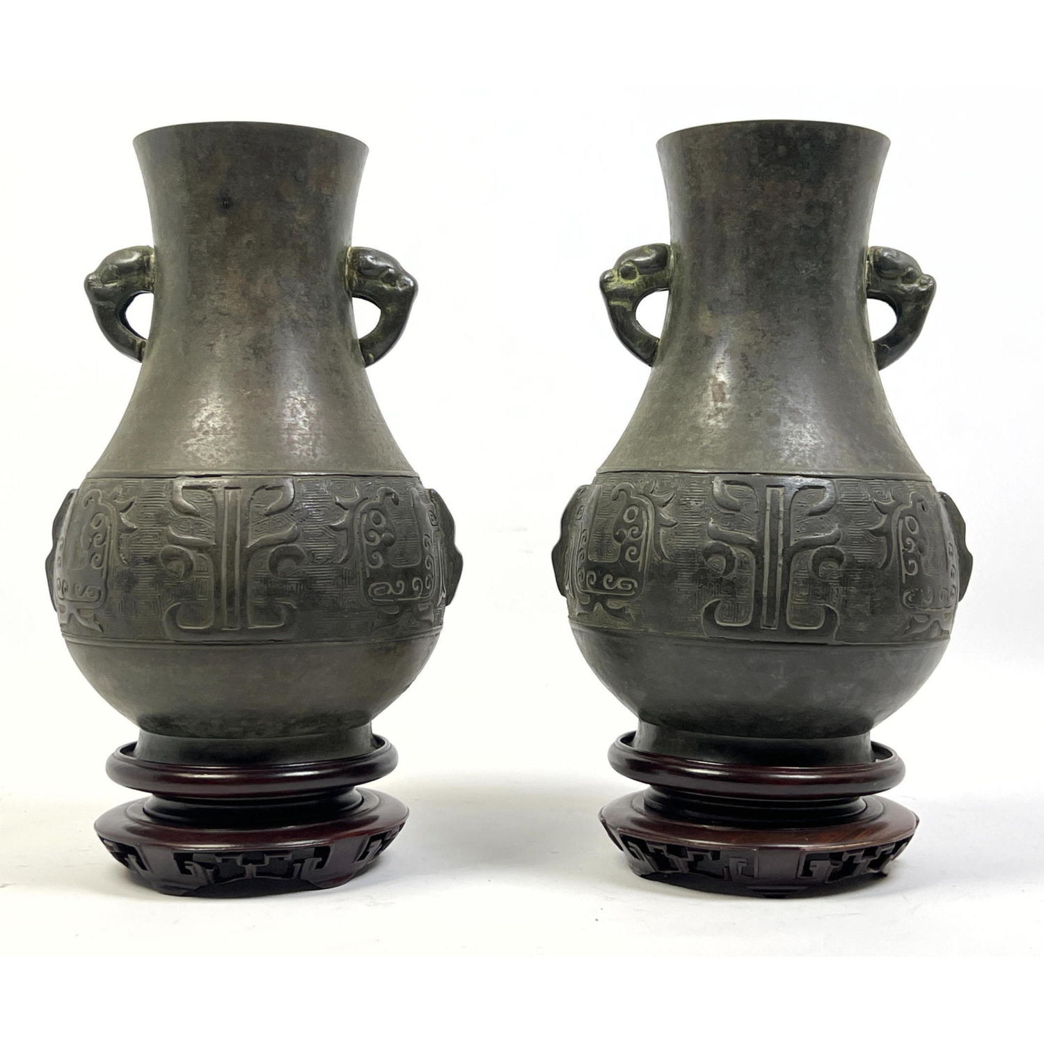 Pr Handled Asian Metal Vases Incised 2b9175