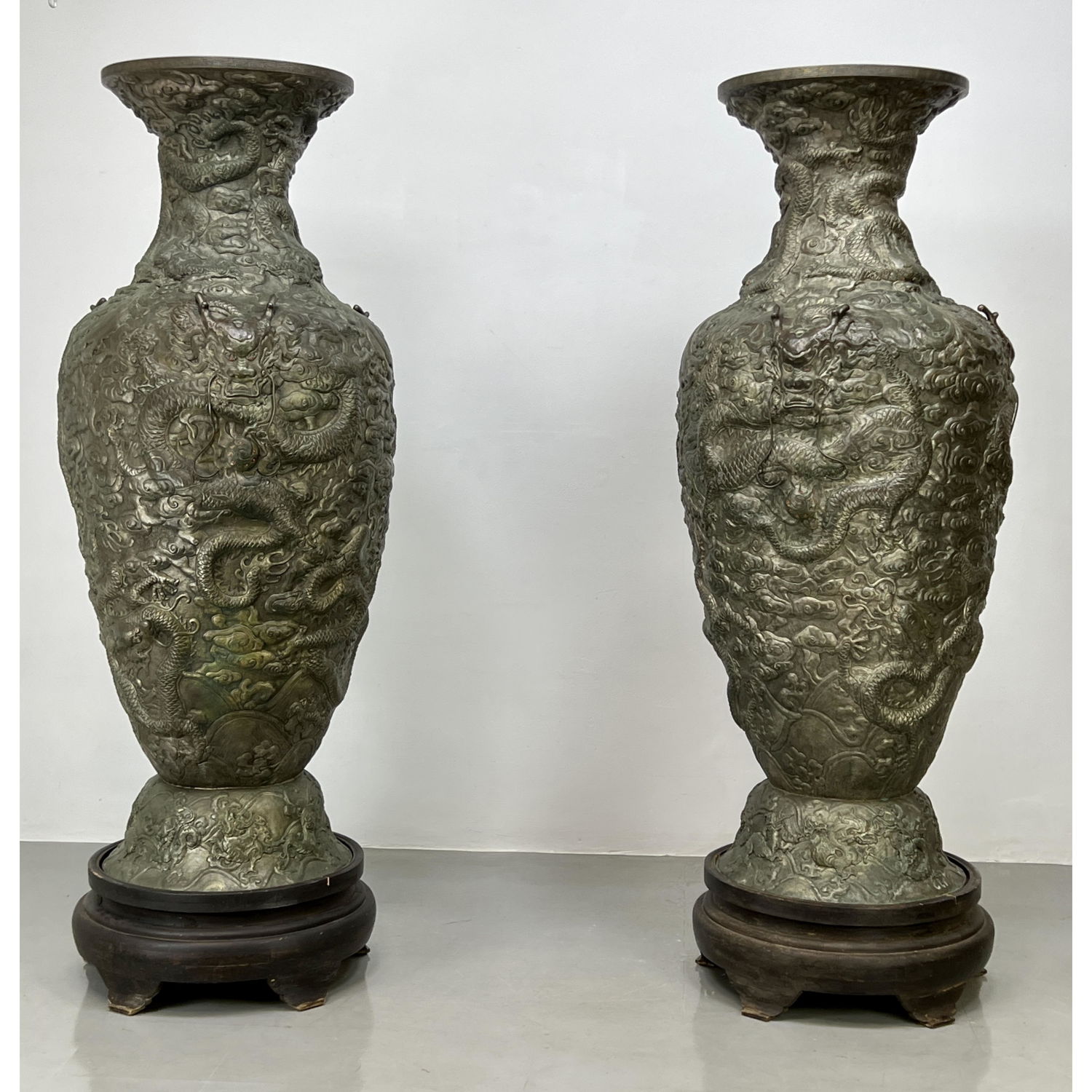 Pr 7 foot Tall Metal Urns Vases.