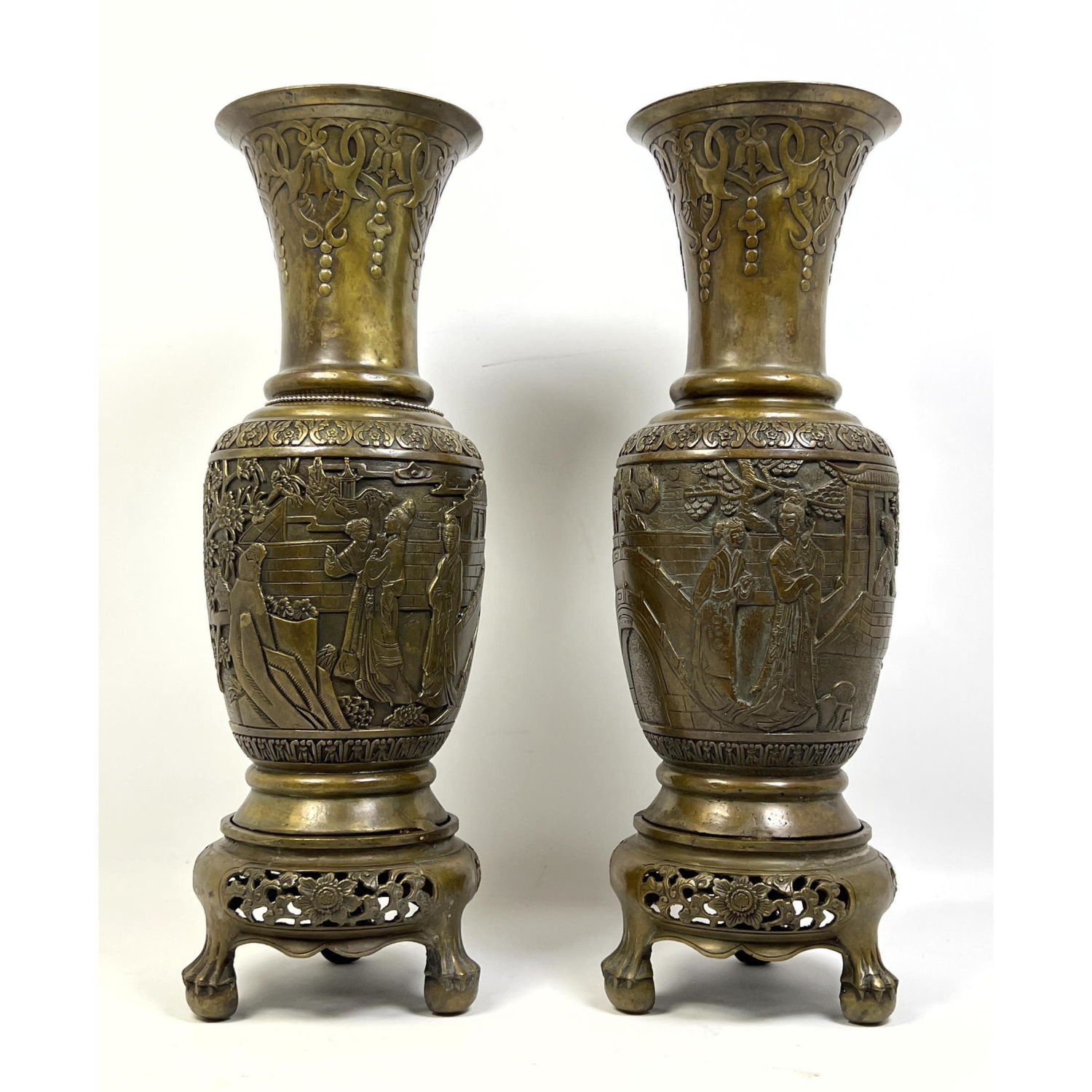 Pr Asian Brass Tall Long Neck Vases  2b9187