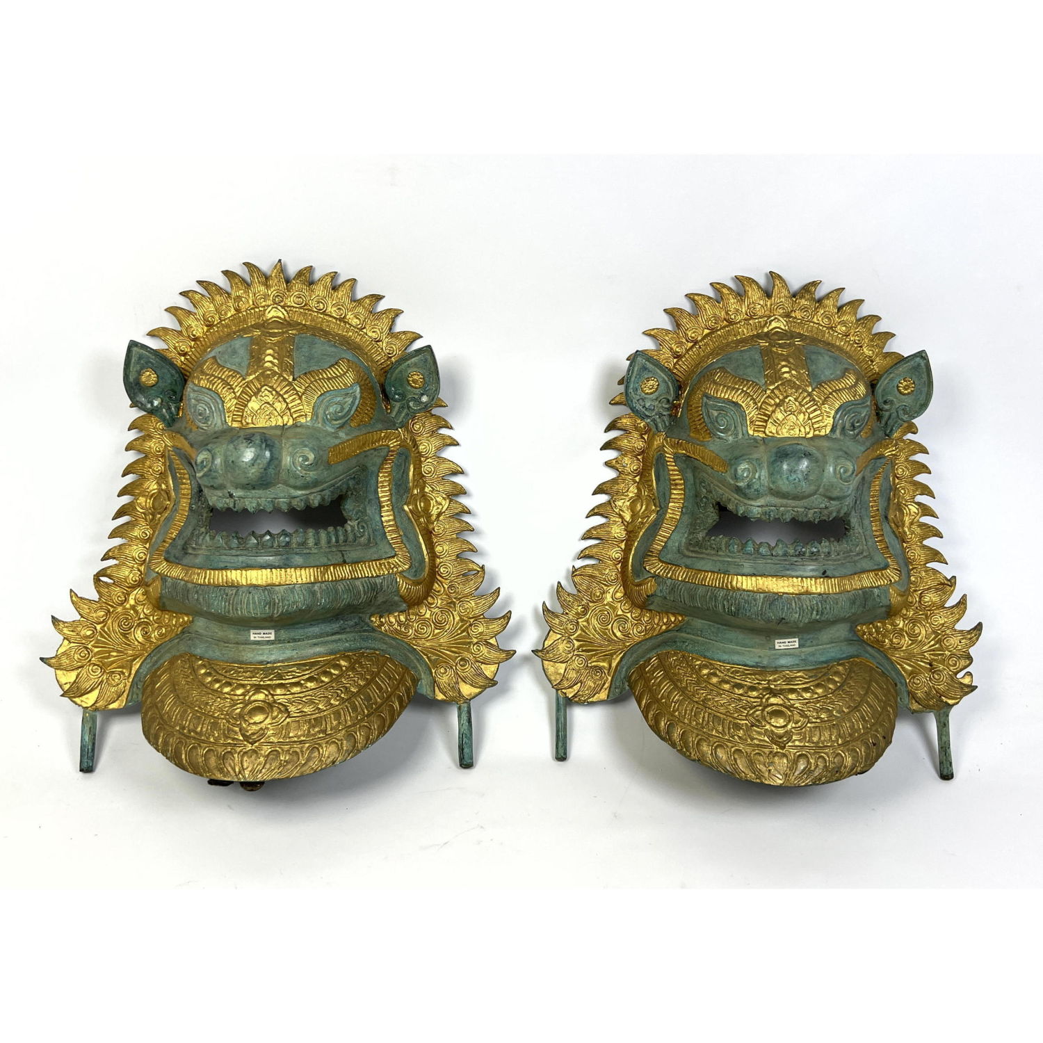 Pair Metal Tibetan Lion Mask Plaques.