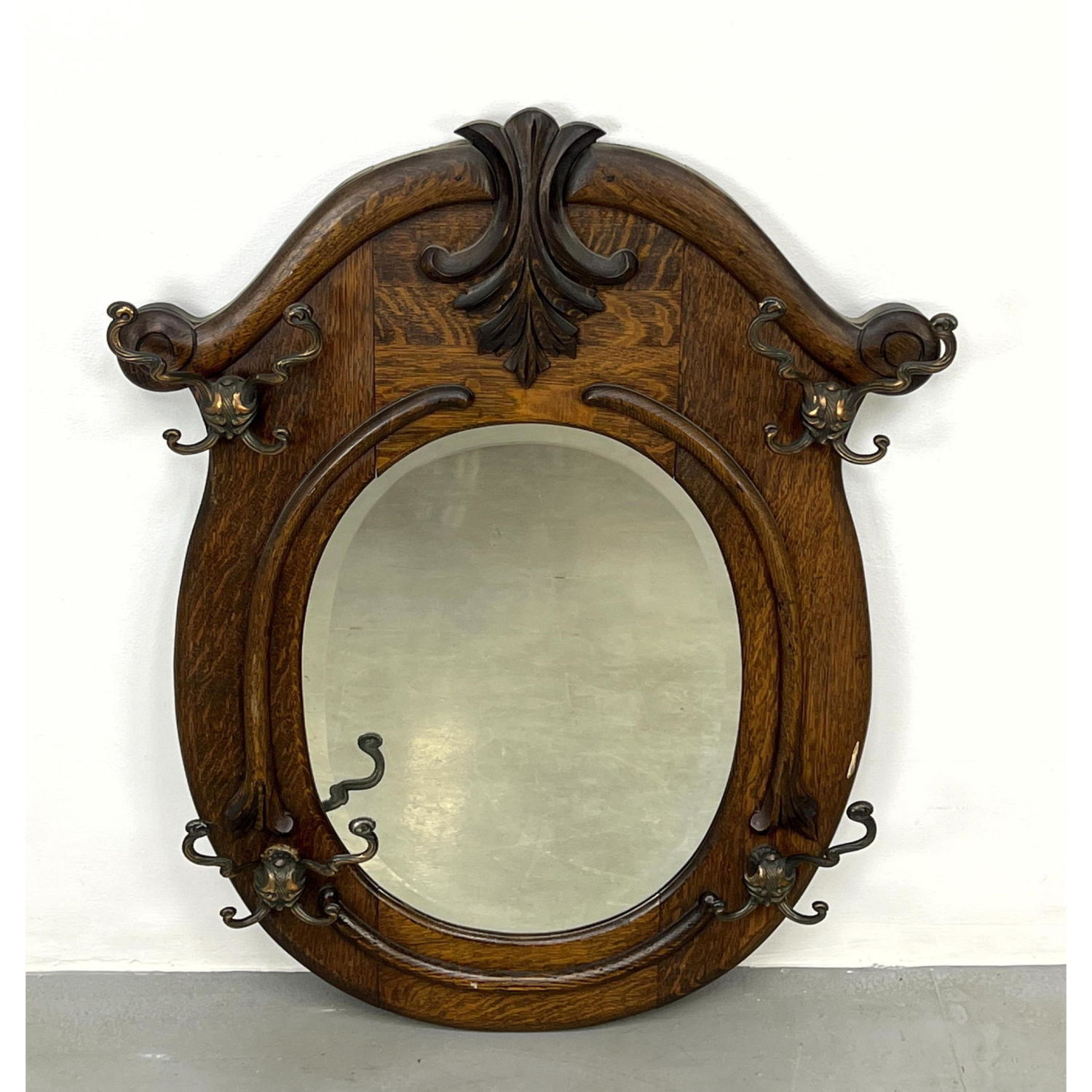 Antique Oak Coat Rack Mirror with 2b9217