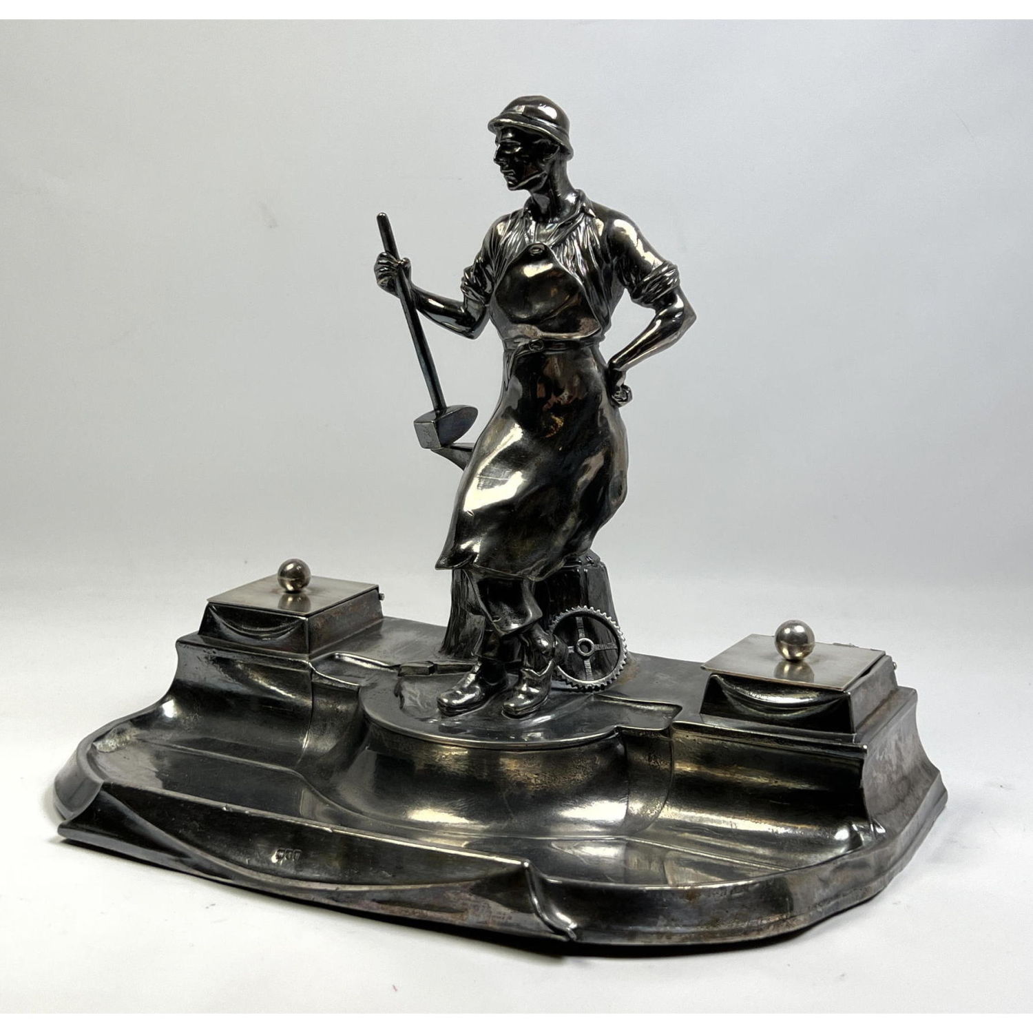 M H Figural Silver Plate Inkwell