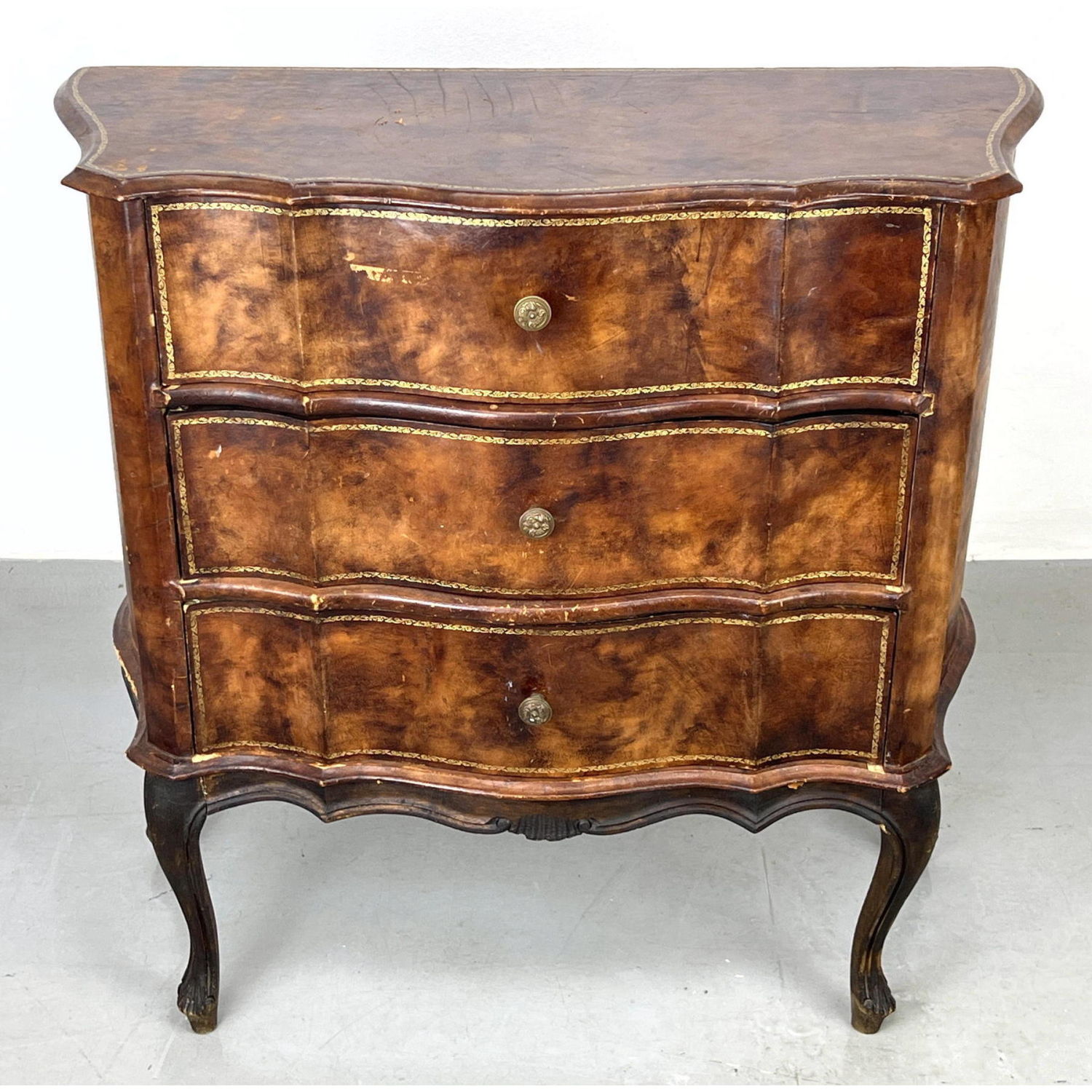 Leather Covered Three Drawer Chest Dresser.