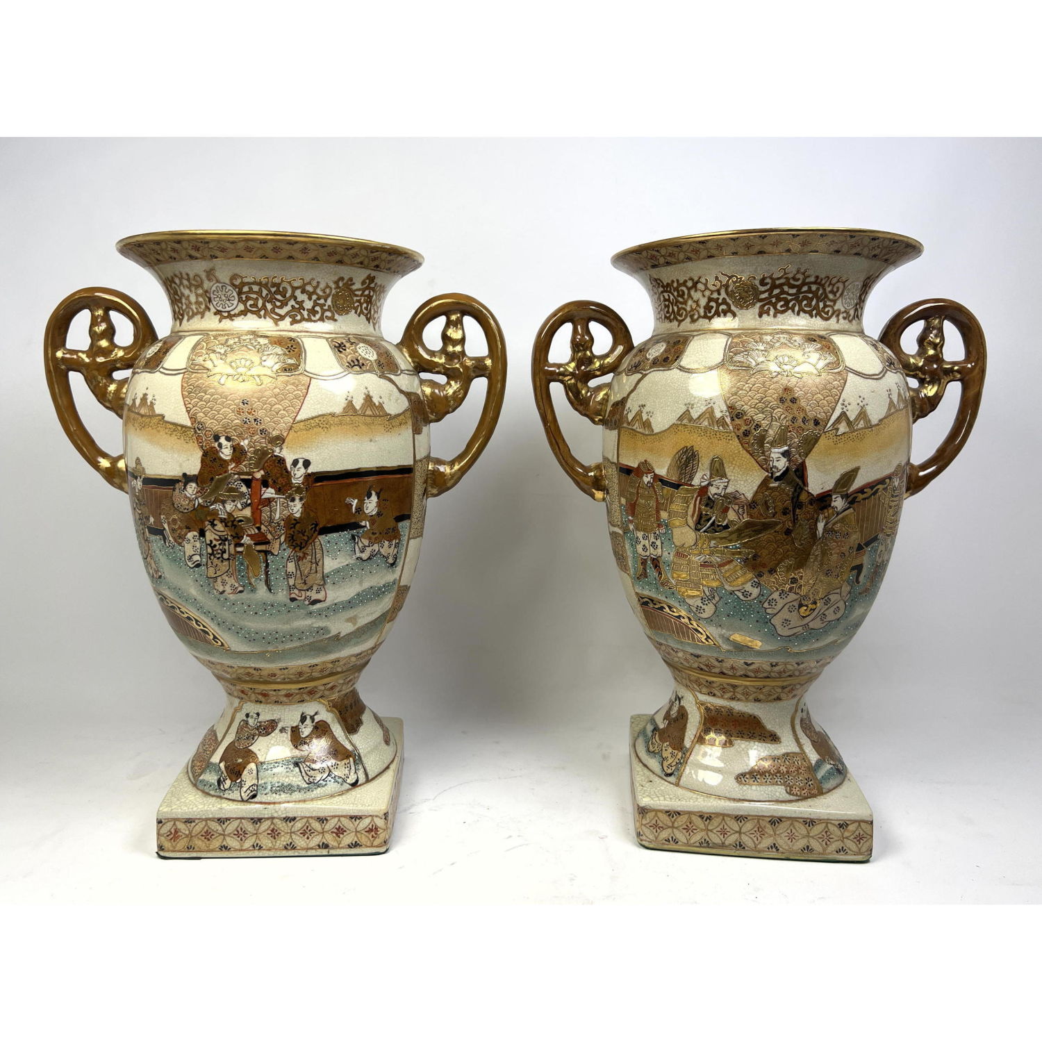 Pr Handled Ceramic Urns. Painted