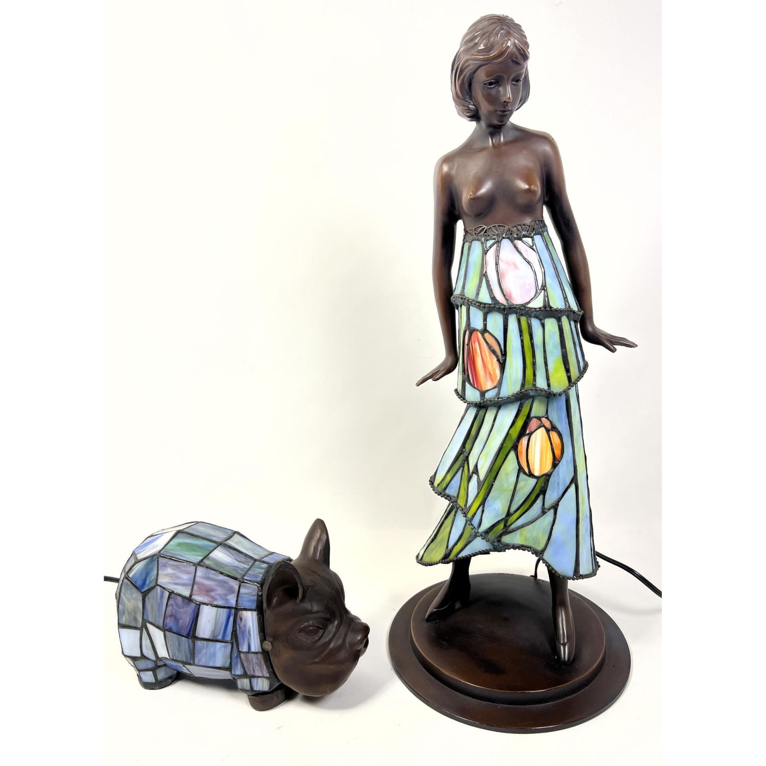 2pc Stained Glass Figural Lamps.