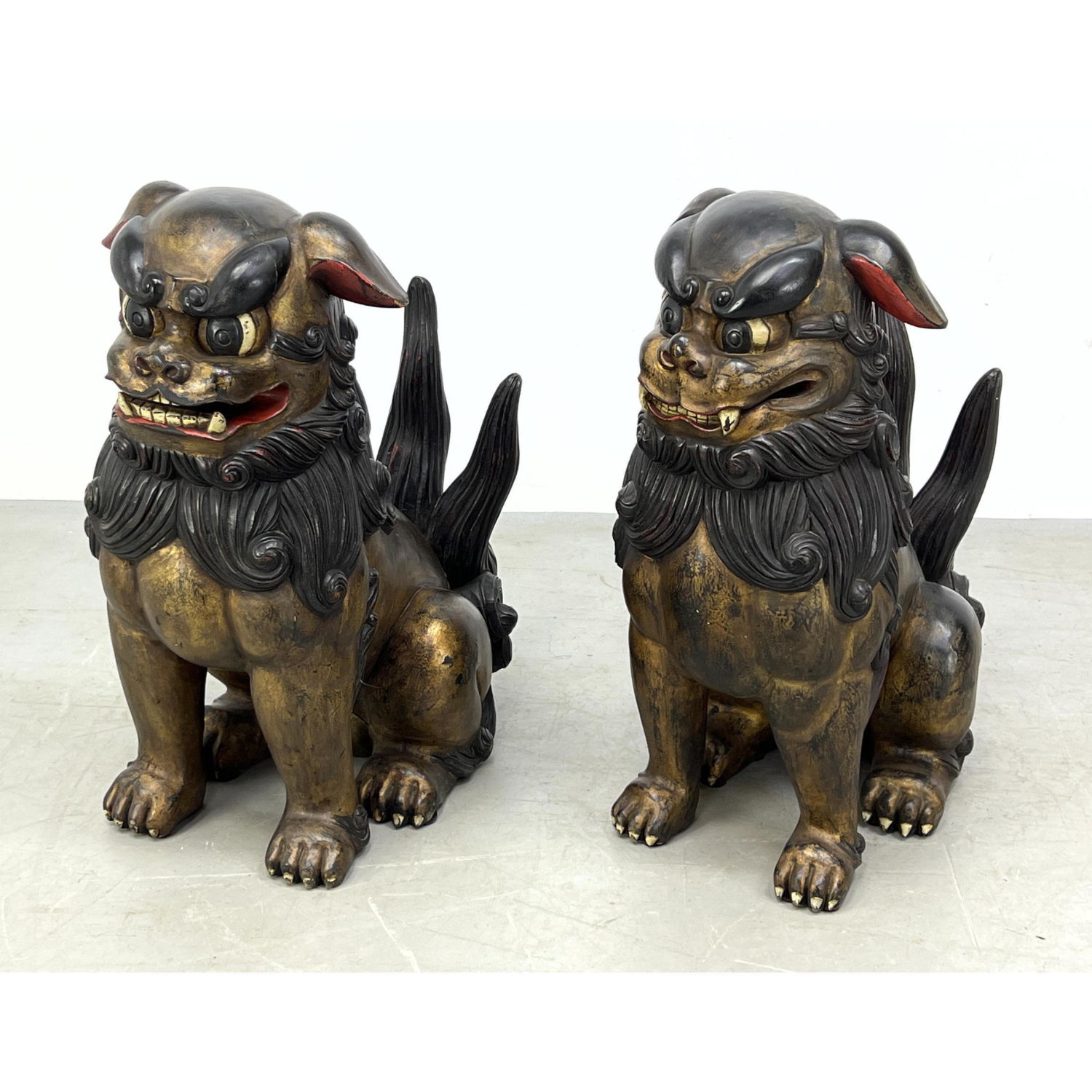 Pr Carved Wood Polychrome Foo Dogs.