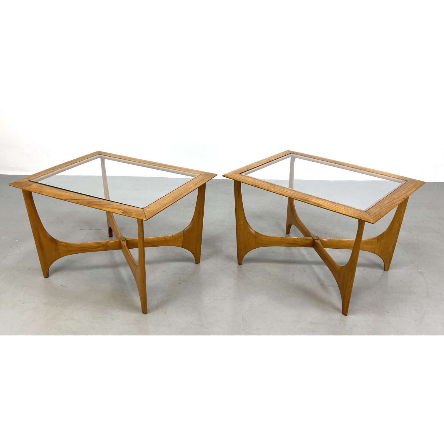 Pr Lane walnut glass top end tables.