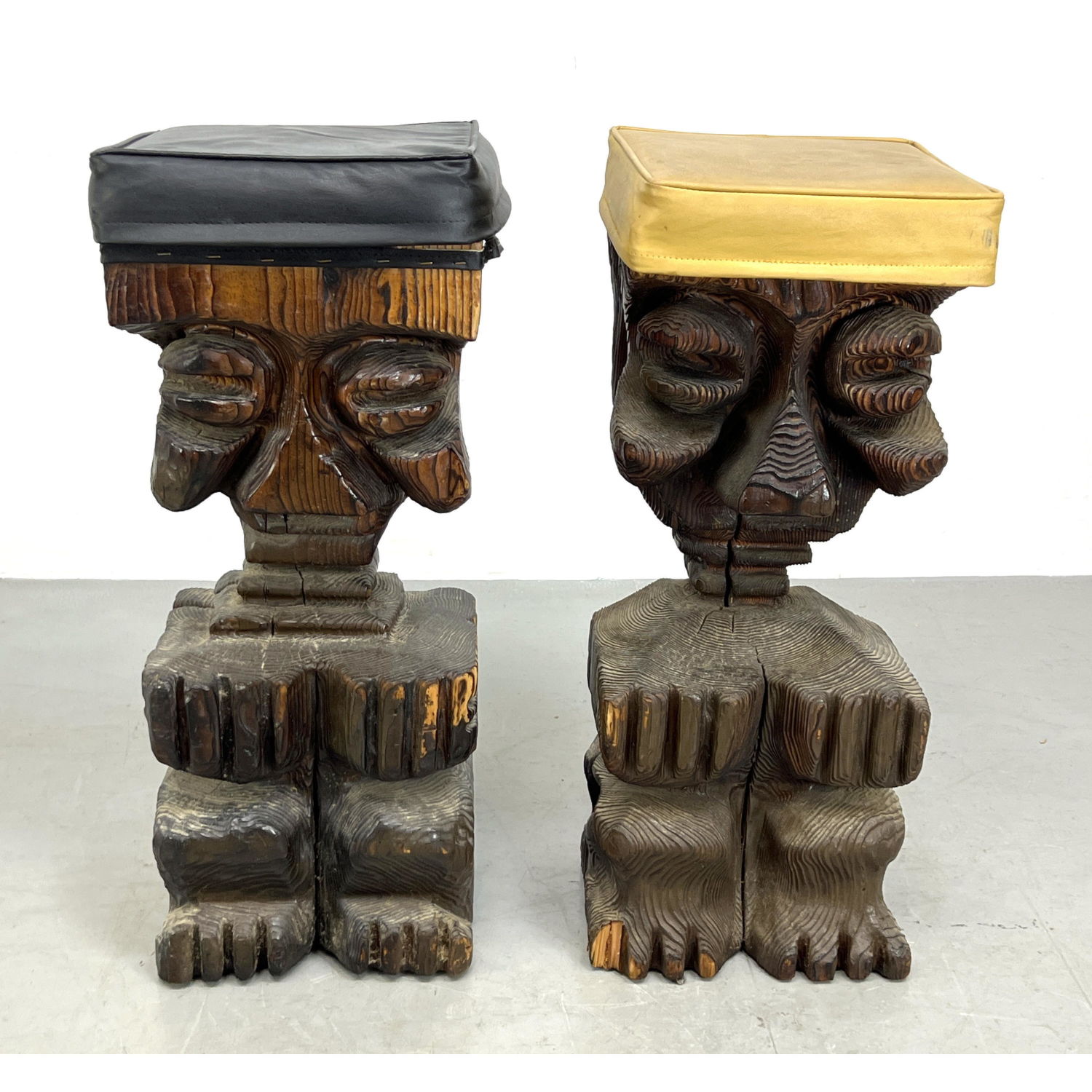 Pair WITCO Carved Tiki Bar Barstools  2b9515