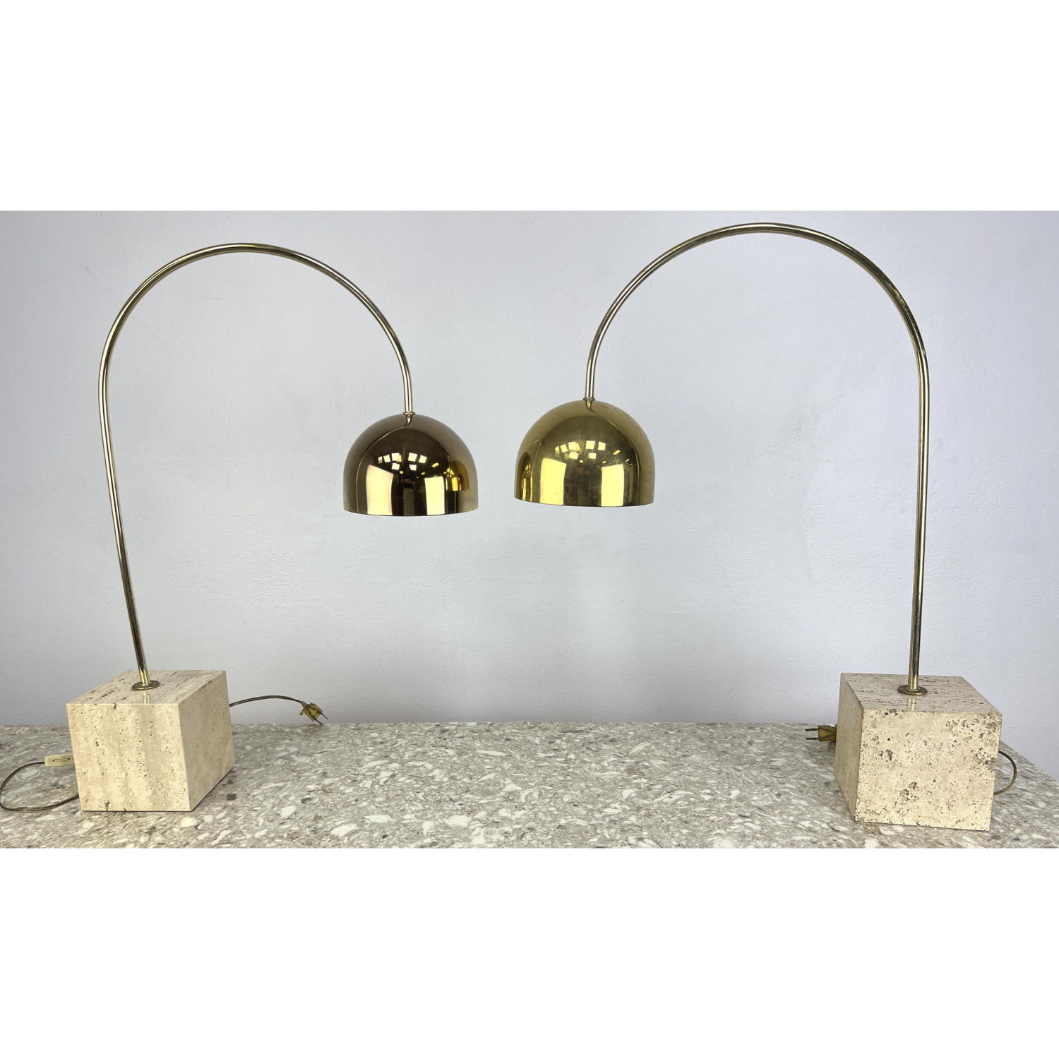 Pair GUZZINI BRASS AND TRAVERTINE