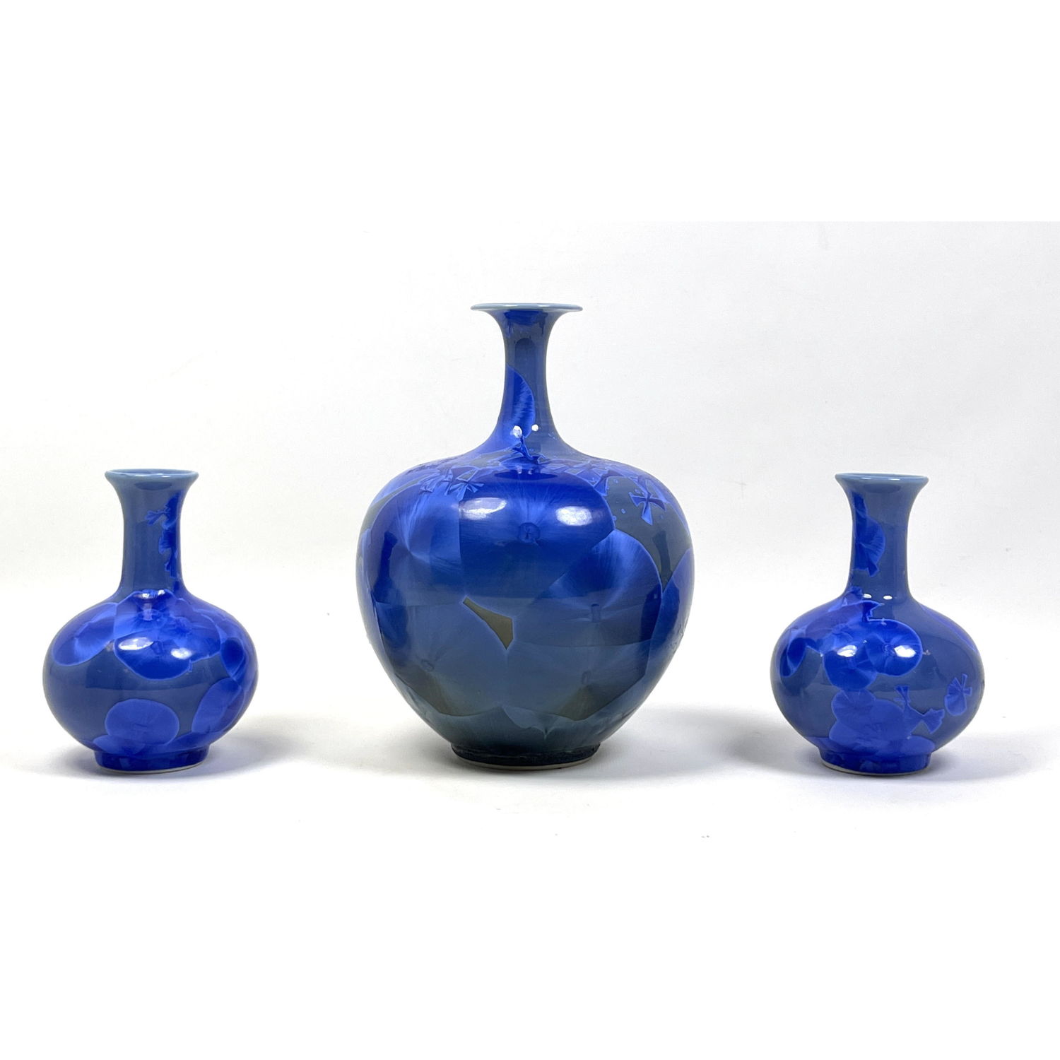Set 3 Blue Crystalline Glazed Pottery
