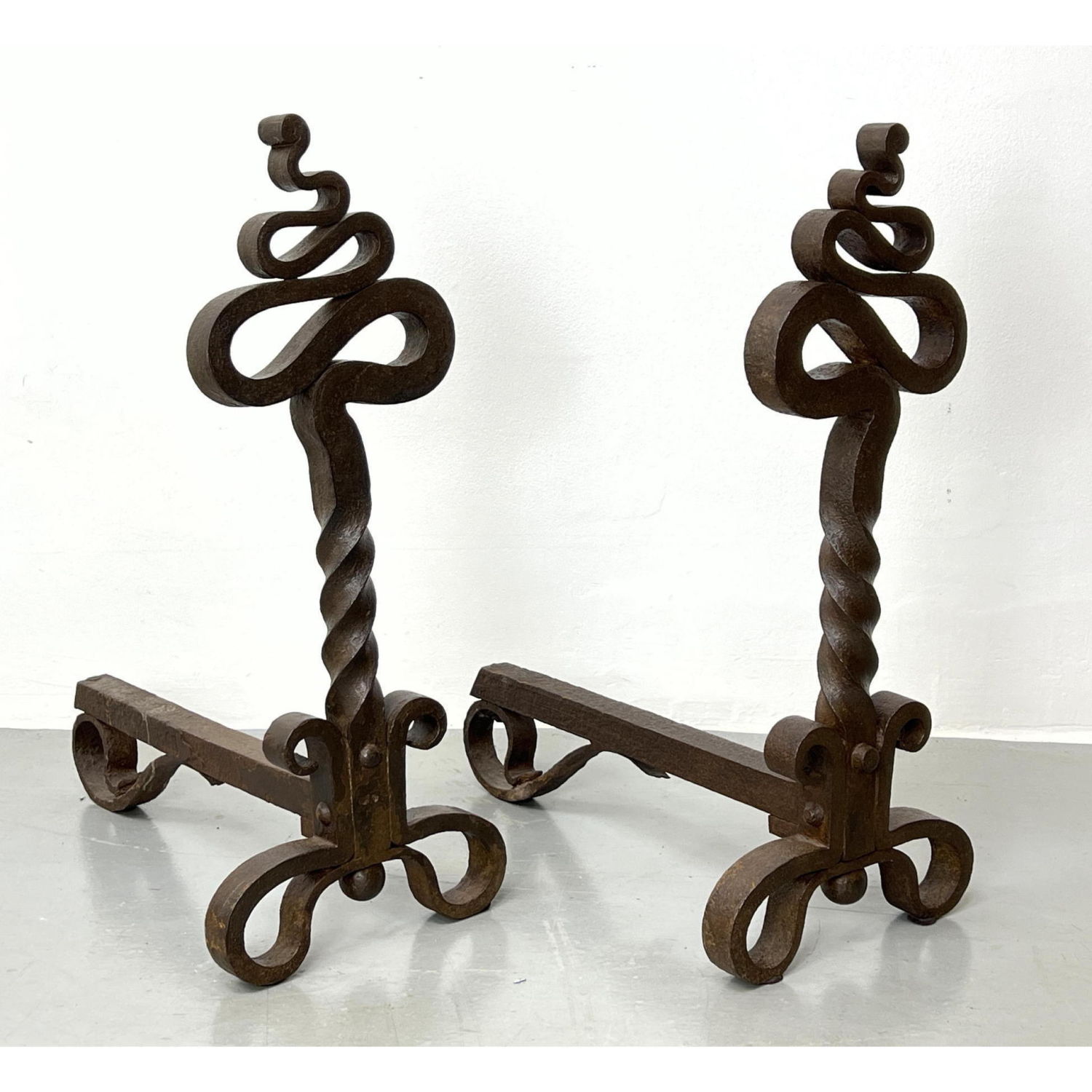 Pr Antique Twisted Wrought Iron Andirons.