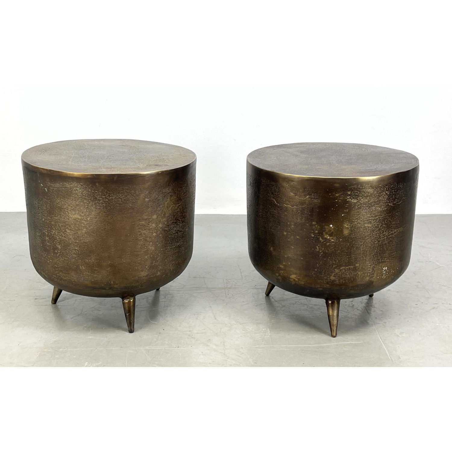 Pr Metal Drum style Side End Tables.