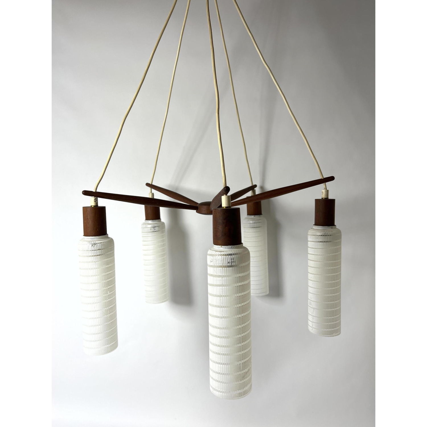 DANISH MODERN Teak and Glass Chandelier 2b9efb