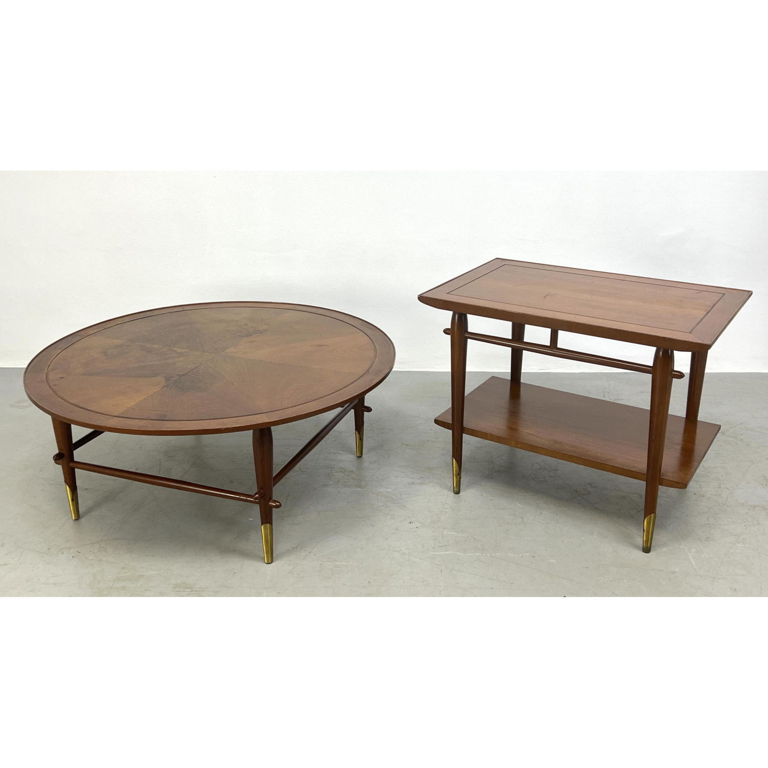 2pc LANE American Modern Walnut Tables.