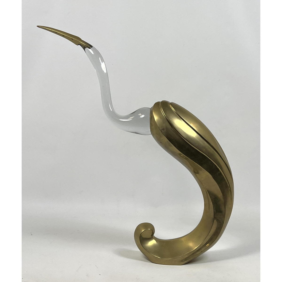 Brass and Blown Glass Heron Sculpture.