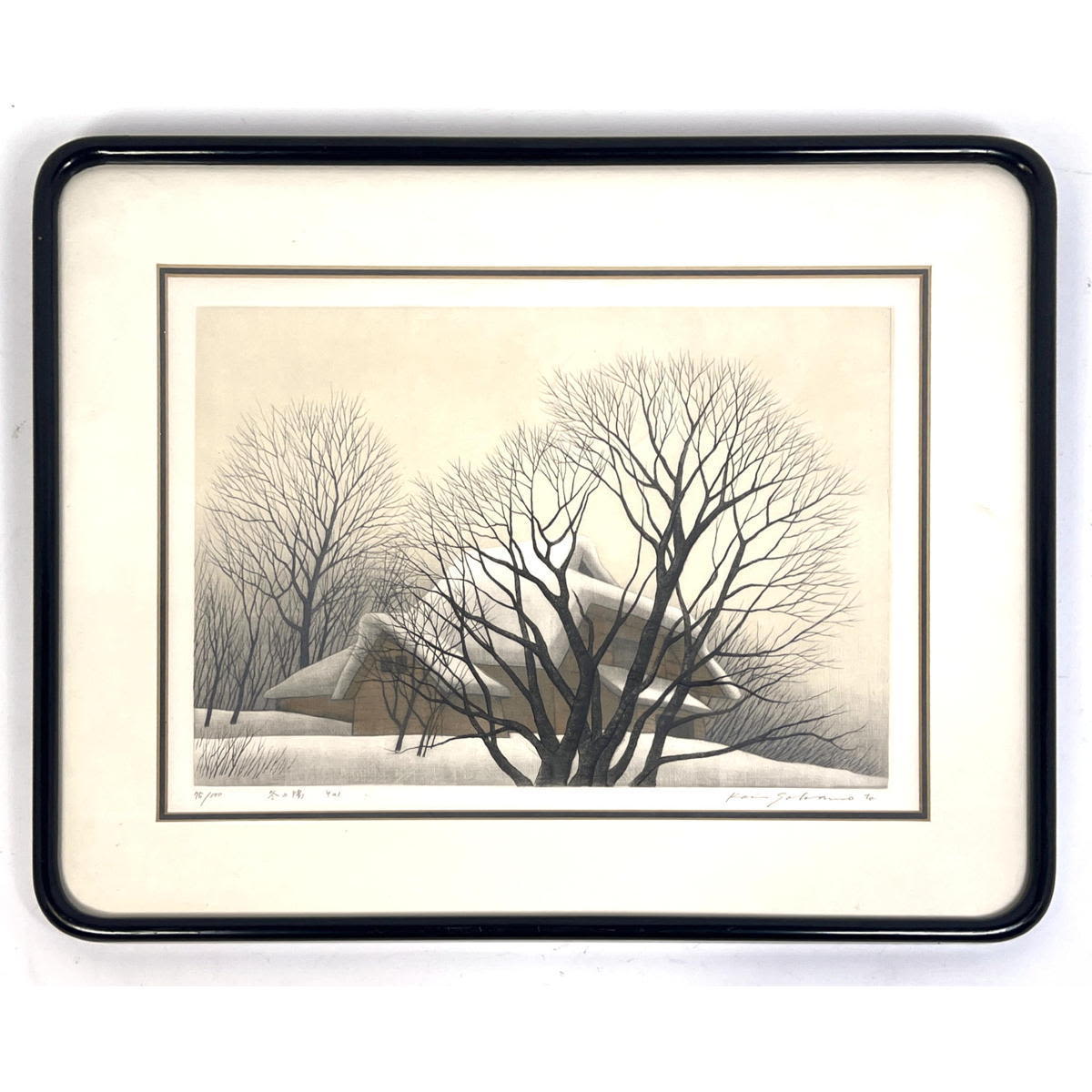 lithograph winter scene with house