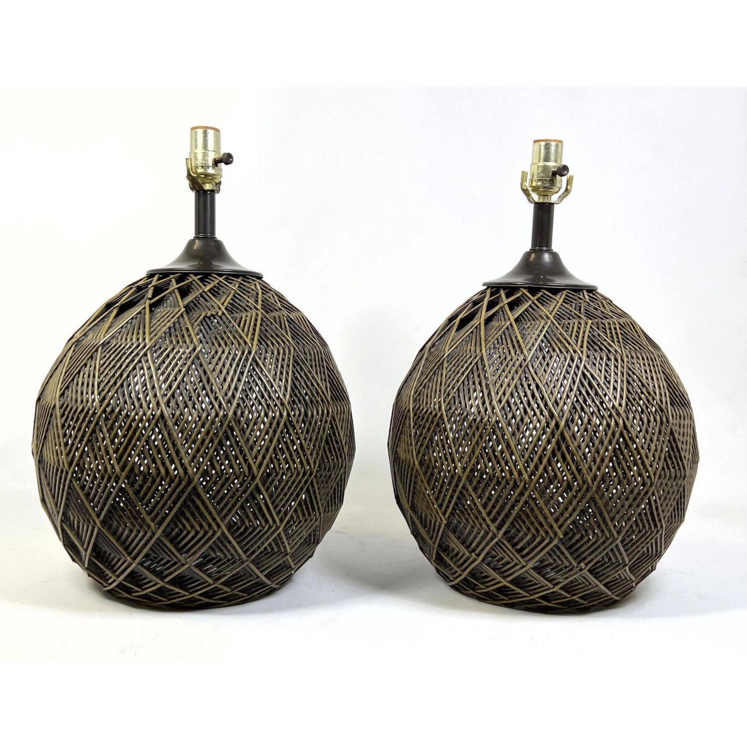 Pr Woven Spherical Form Table Lamps.