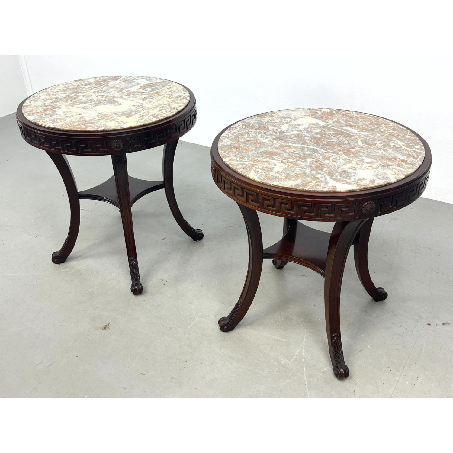 Pair Round Top Marble Top Side Tables.